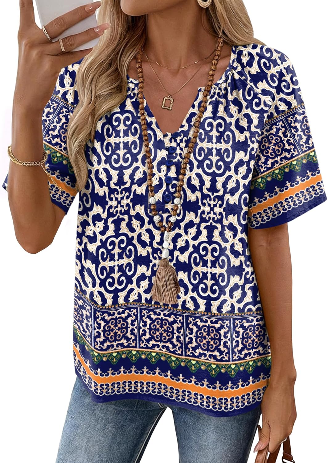 Rapbin Womens Summer Boho Tops Casual Short Sleeve Blouses Button Down Shirts 2026 Beach Vacation Clothes