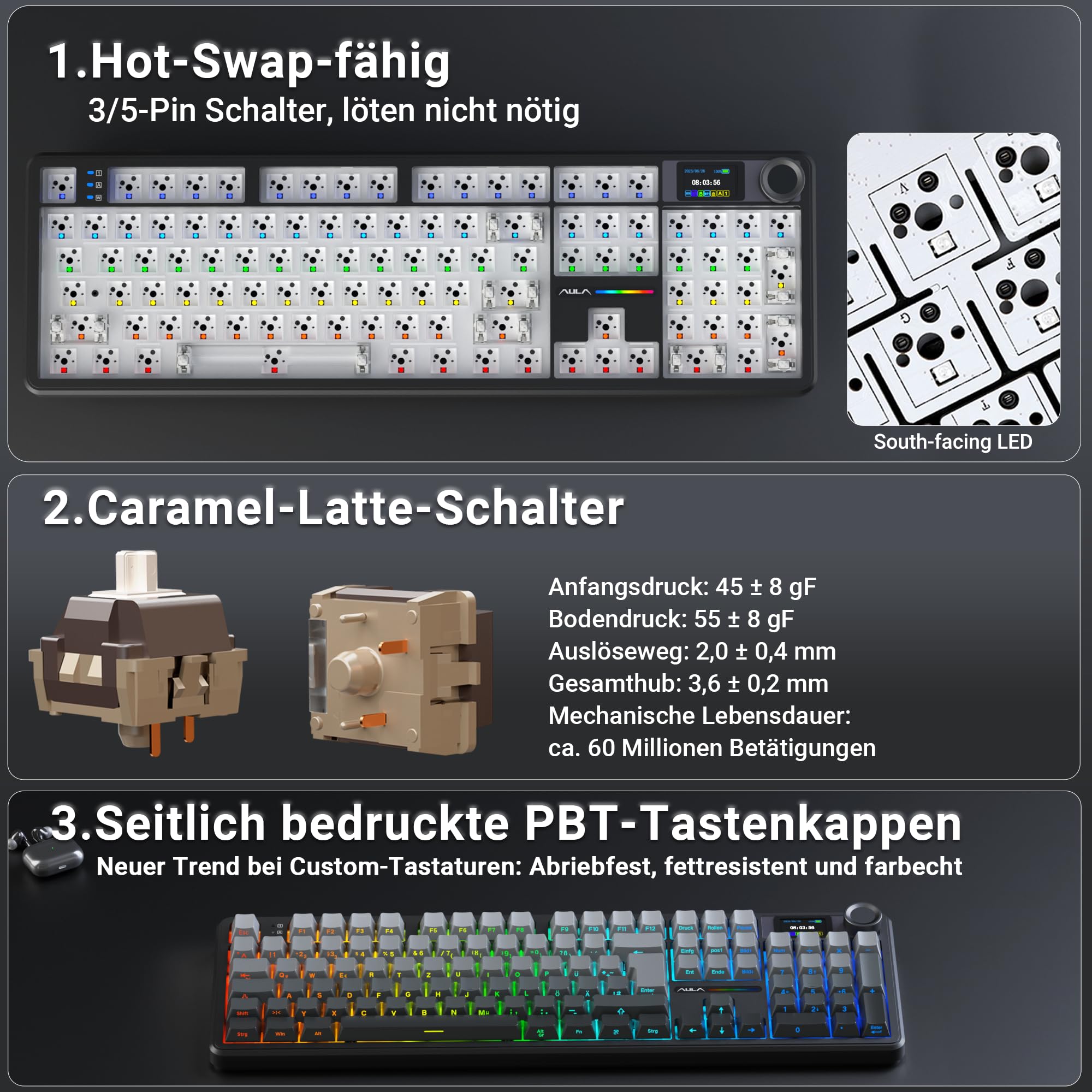 AULA F108 Pro Mechanische Tastatur QWERTZ,3-Modus(Kabel/2,4G/Bluetooth),Gasket-Struktur,Hot-Swap-fähig,LCD-Display & Drehknopf,RGB,8000mAh,100% deutsches Vollformat-für PC,Mac&Tablet (Grau)