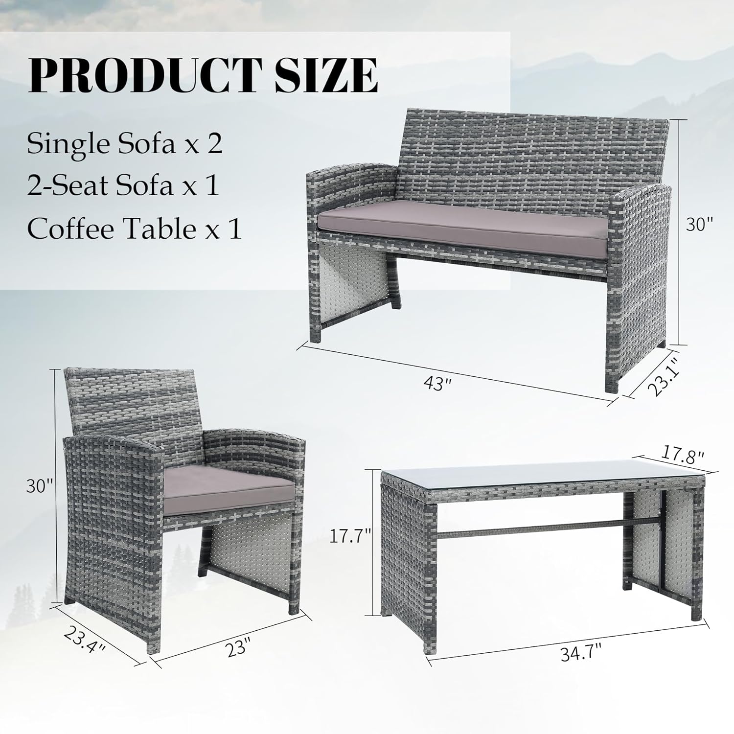 Diagram showing the dimensions of the single sofa chairs, 2-seat sofa, and coffee table in the KROFEM patio furniture set.