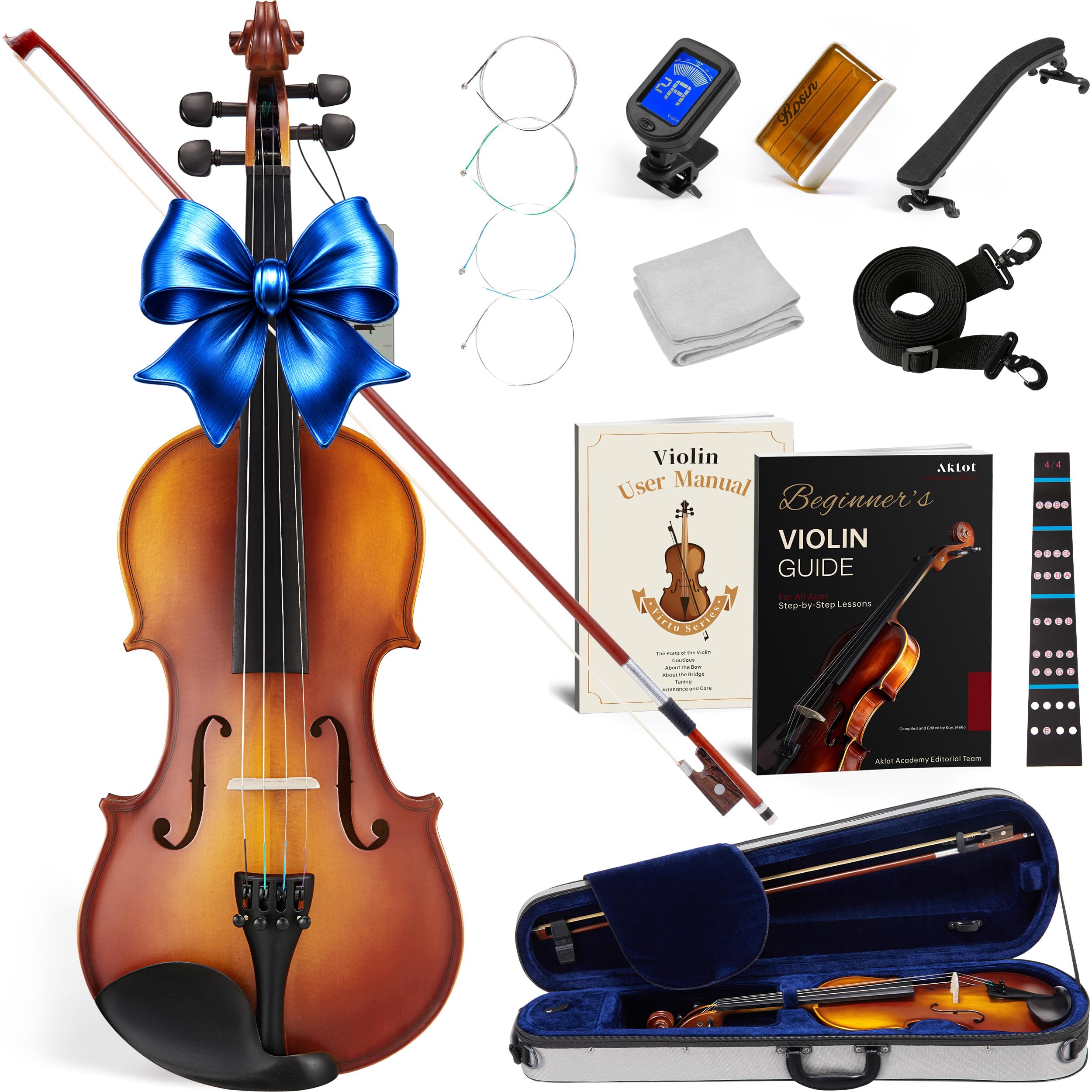 AKLOT Handcrafted Full Size Violin: Solid Wood Matte Fiddle, Acoustic Beginner 4/4 Violin Kit with Hard Case, Lesson Book, Bow, Shoulder Rest, Extra Strings, Tuner, Fretboard Stickers (VRT-AmiCS)