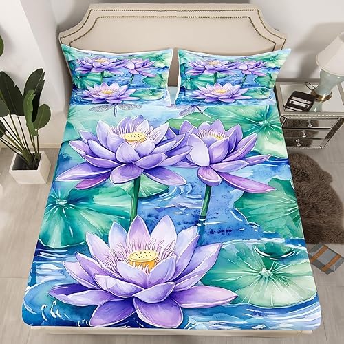 Miniatura 4 de Manfei Sábana bajera ajustable de flor de loto morado, tamaño individual, juego de ropa de cama bohemio de libélula de 2 piezas para niños, niñas y