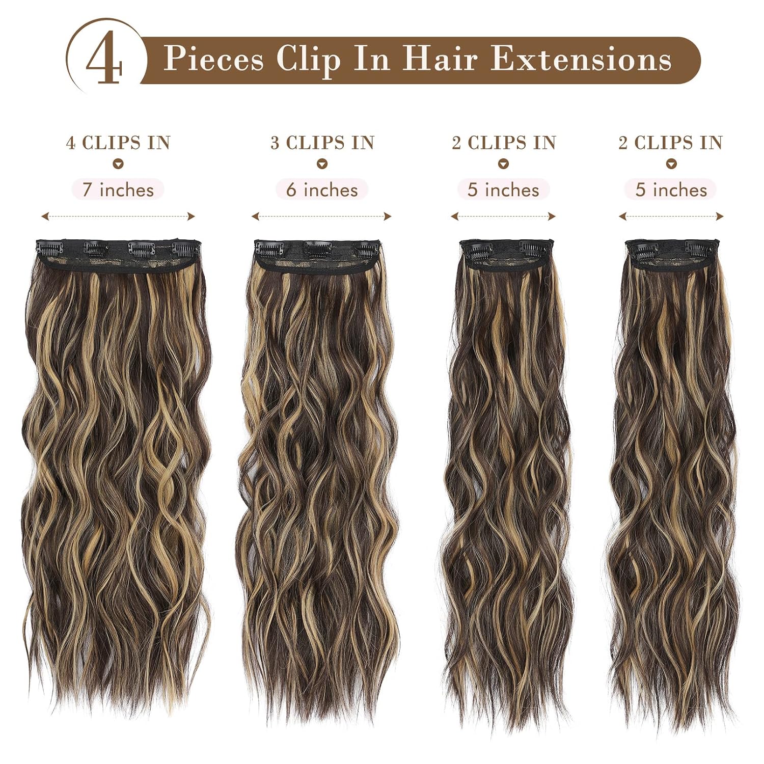 REECHO Hair Extensions, 4PCS Clip in Hair Extensions HE001 Natural Soft Synthetic Hairpieces for Women, Dark Brown with Blonde Highlights image 2