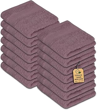 Premium Wash Cloths Pack of 12 (13 x 13) 100% Ring Spun Cotton | Luxury Washcloths | Ultra Soft Face Towels | Highly Absorbent Wash Cloths for face (Purple Ash)