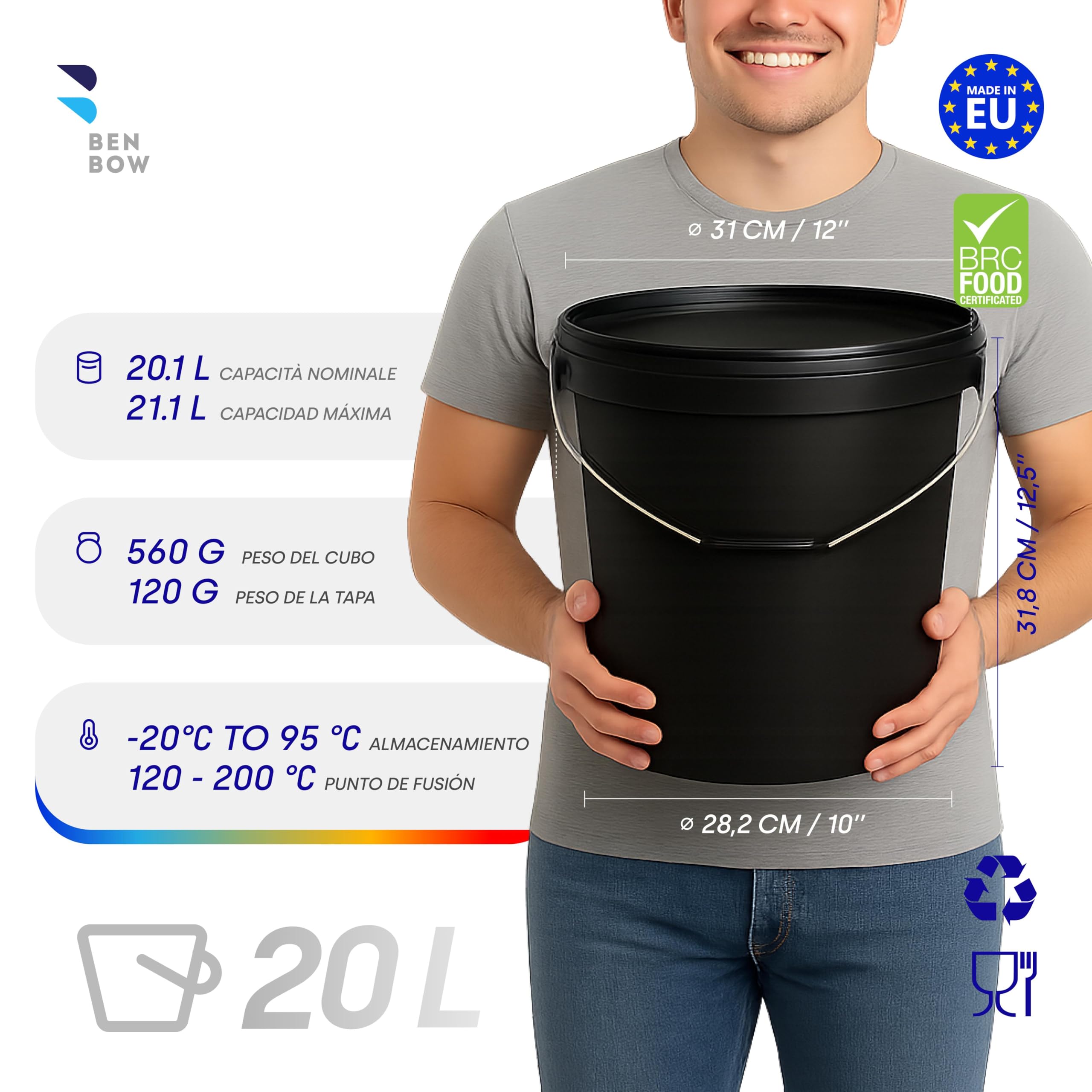 BenBow Cubo con Tapa 20L Negro 20x 20 litros -Seguro para los Alimentos, Estable, hermético, a Prueba de Fugas - contenedor de Almacenamiento de plástico, con asa de Metal - vacío