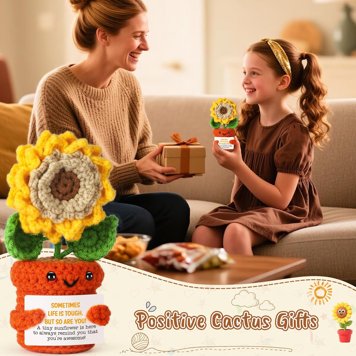 Graduation Positive Crochet Sunflower Basket Gift for Friend Teacher Son Daughter, Self Love Gifts for Women Men Inspirational Crochets Gifts for Coworker, Mini Cute Handmade Present Crochet Doll