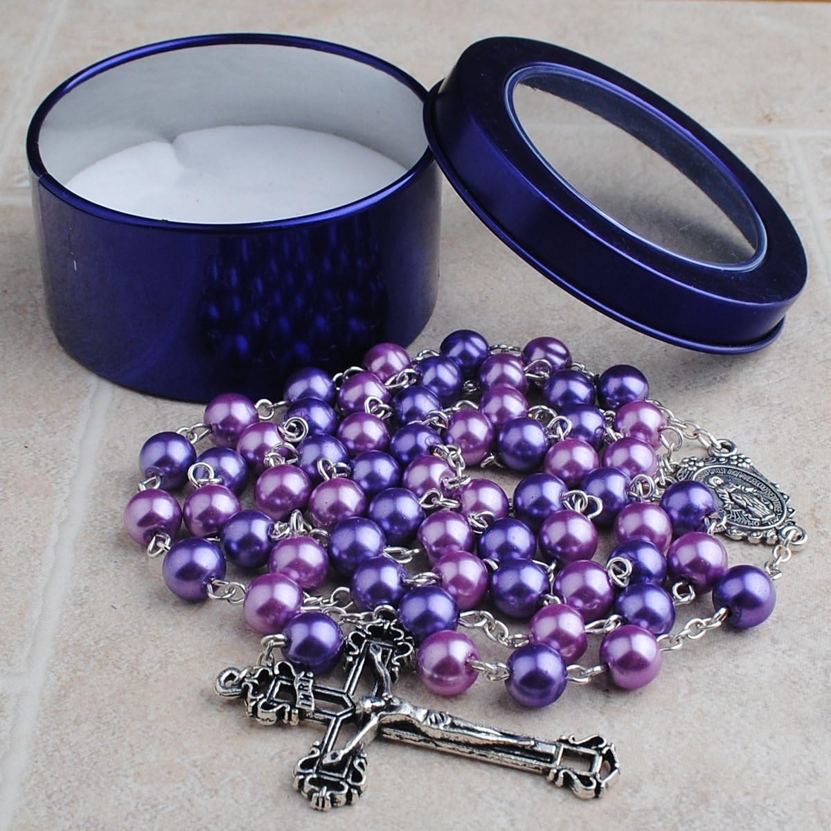 HanlinCC Purple and Pink Glass Pearl Beads Rosary Necklace with Miracuolus Center Piece and Aint-silver Crucifix with Puprle Metal Gift Box - Image 7