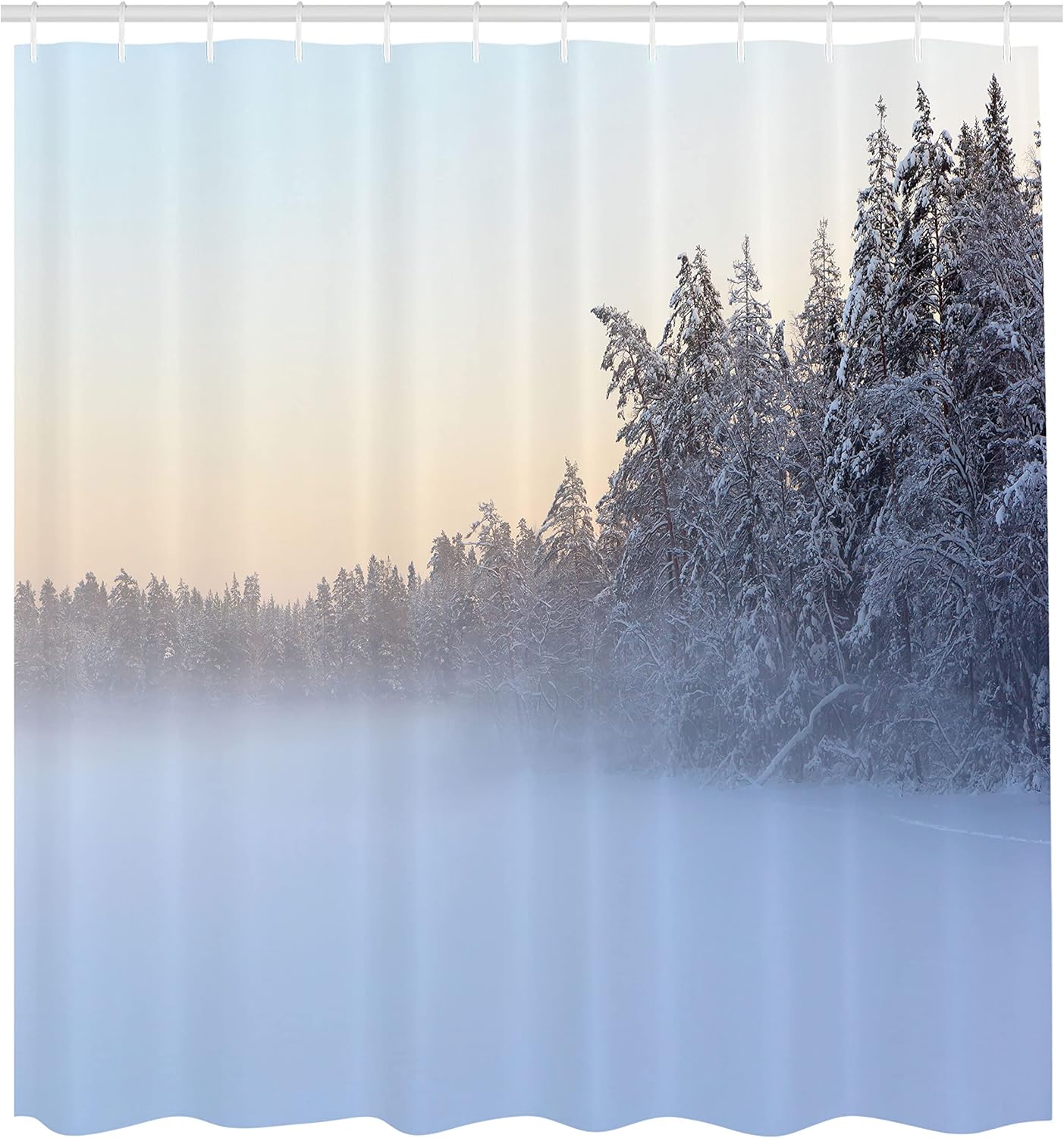 Ambesonne Landscape Shower Curtain, Frozen Winter Lake River in Woods Trees Under The Snow Nature Forest, Cloth Fabric Bathroom Decor Set with Hooks, 69" W x 84" L, White Green