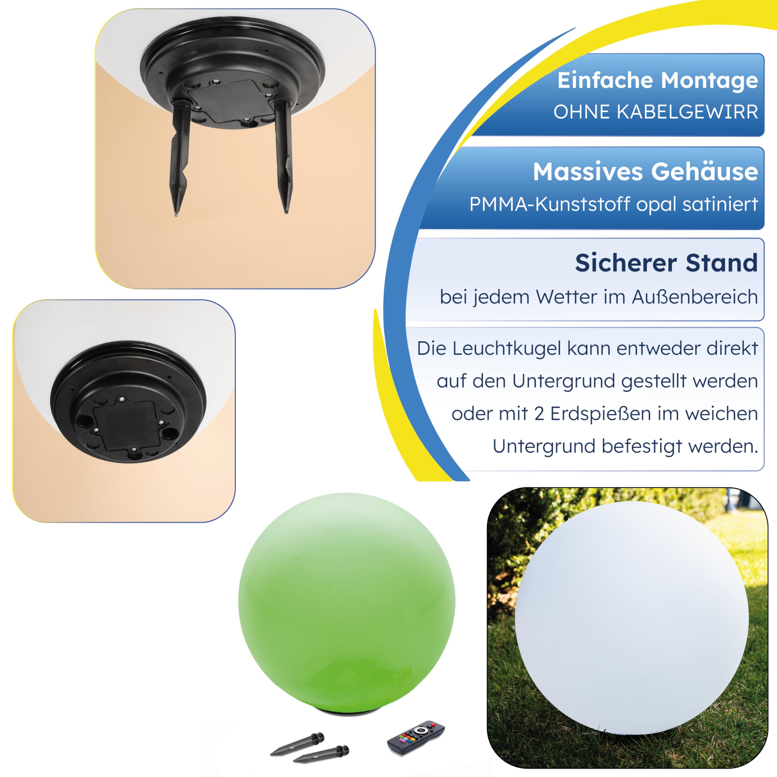 Esotec Solar Leuchtkugel Liana 50 CCT, multicolor, Fernbedienung, 2x Erdspieße, Li-Ion Akku, RGB LED Gartenkugel, Solarkugel, IP44, wetterfest, winterfest, außen, D=50cm, 102642