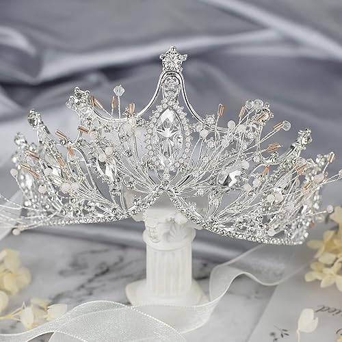 Miniatura 4 de Yolmina Corona barroca de reina, corona de boda plateada y tiara para novia, hecha a mano, diadema de diamantes de imitación de cristal de princesa