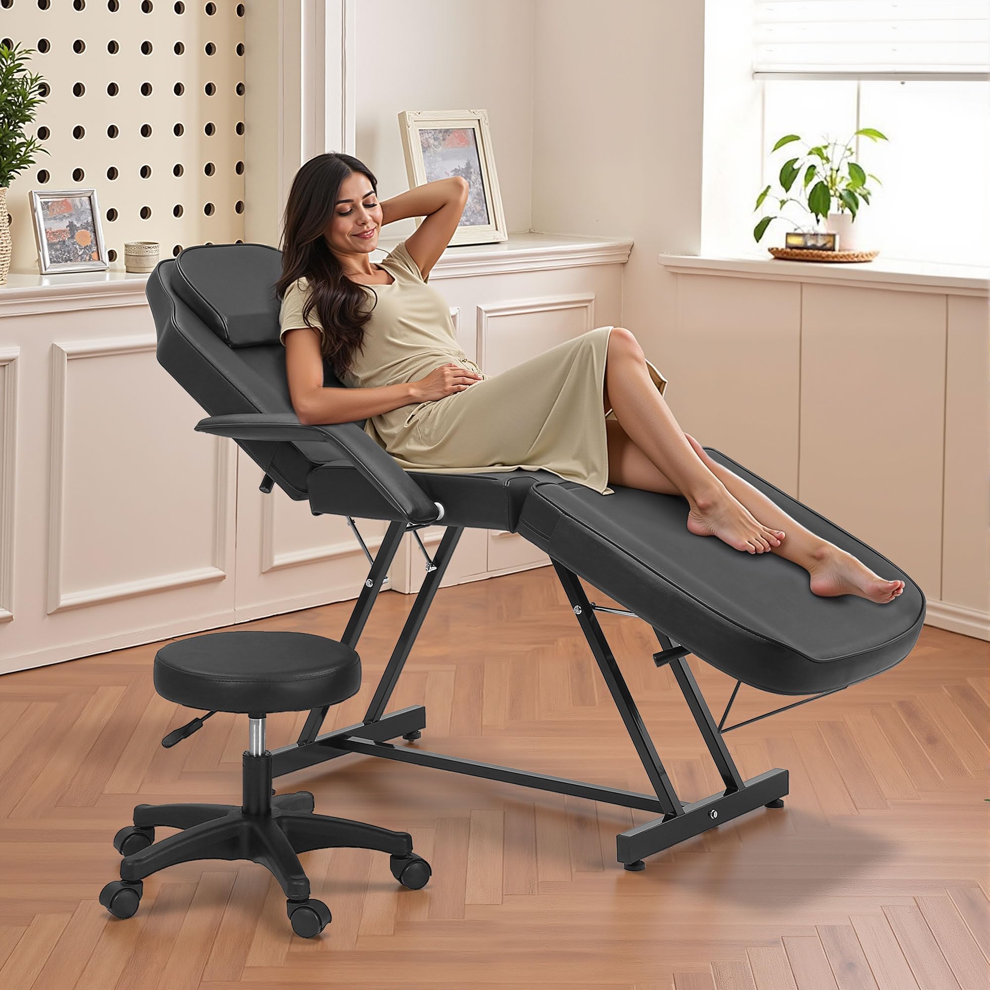 Massage Liege mit Hocker, Verstellbarer Kosmetikstuhl mit hydraulischer Höhenverstellung, Rückenlehne & Beinauflage, Profi Massageliege für Tattoo, Wimpern, Kosmetikstudio, Schwarz