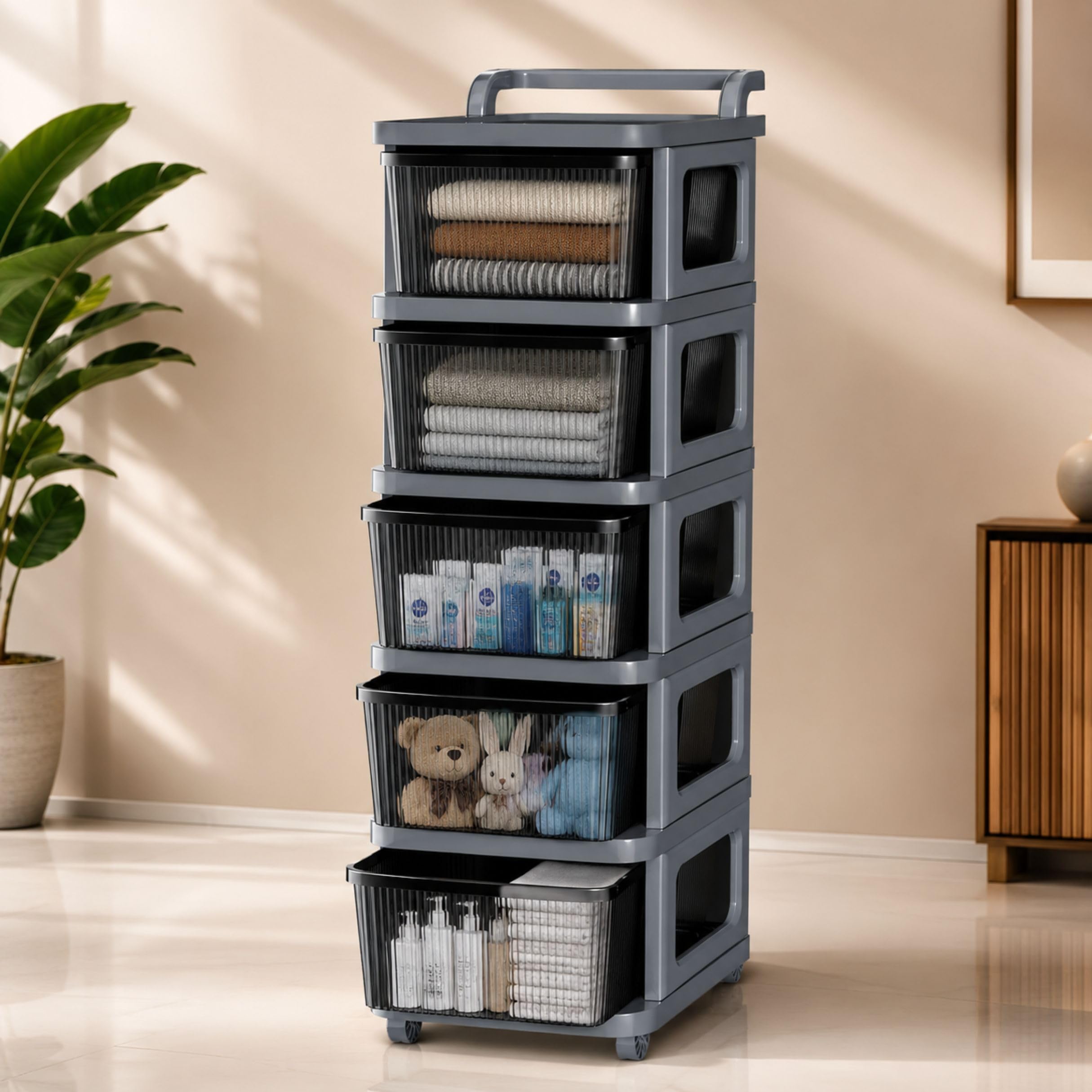 5 Layer Heavy Duty Plastic Storage Drawer with Wheels | Modular Cabinet for Bedroom, Office, Home | Chest of Drawers Organiser for Cosmetics, Kitchen items, Toys | Transparent Grey-picture-24