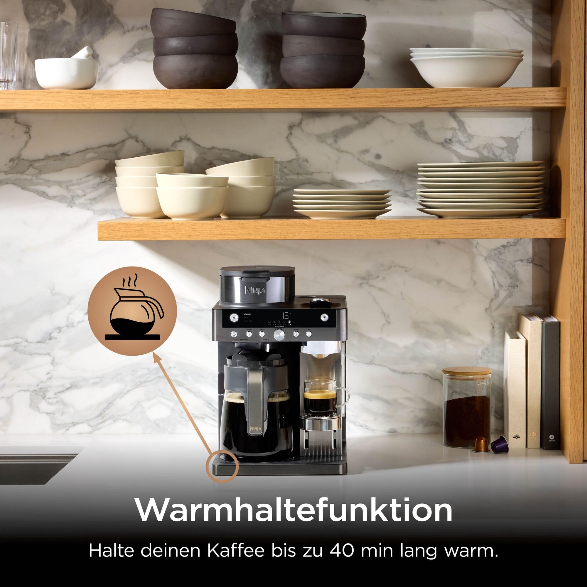 Ninja Prestige 2-in-1 Filterkaffee- und Kapselmaschine mit integriertem Milchaufschäumer, für Latte, Eiskaffee und Flat White, Grau-Metall CFN802EUGM