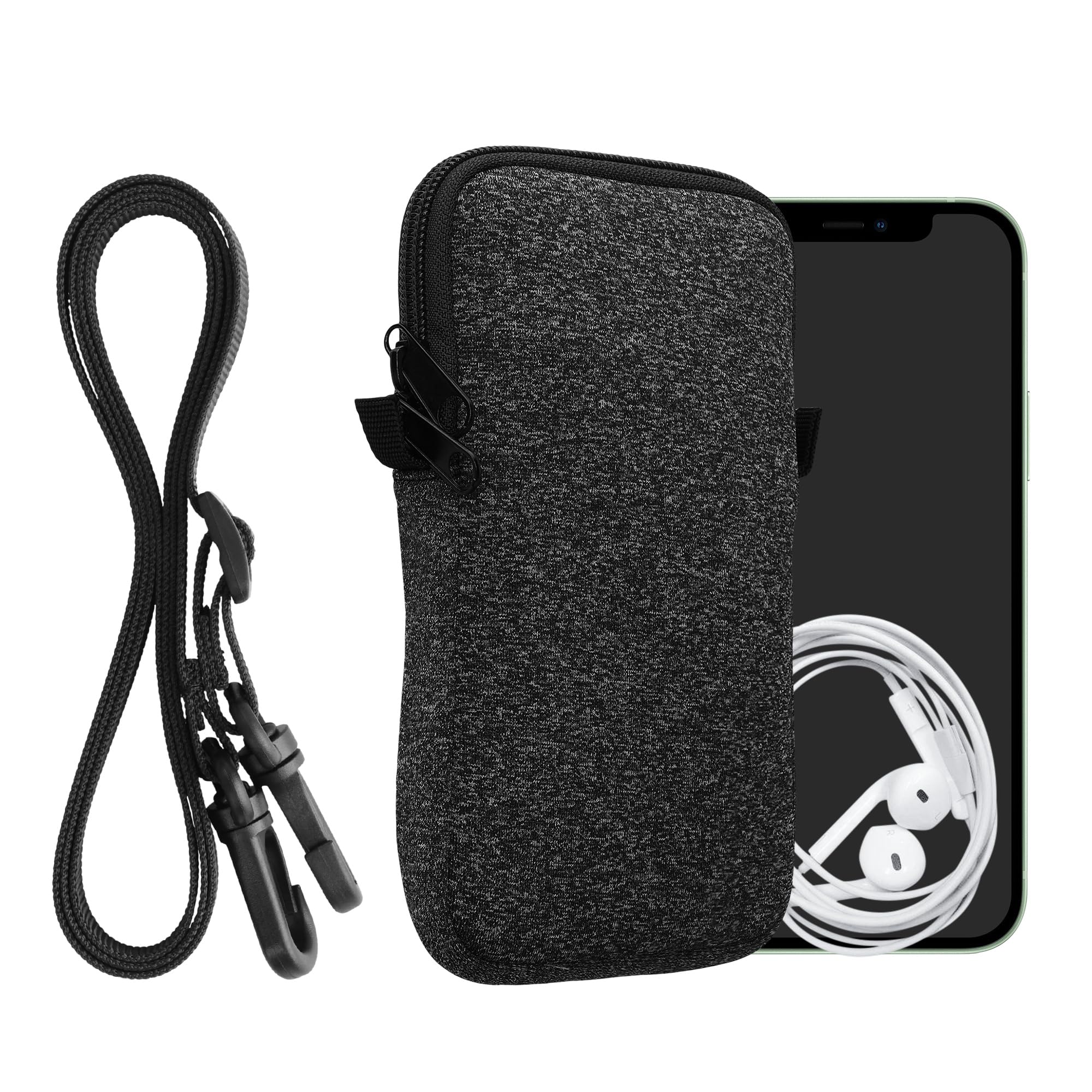 kwmobile Handytasche für Smartphones XL - 6,7/6,8" - Neopren Handy Hülle Anthrazit Weiß mit Kordel - Handy Tasche mit Handykette 17,2 x 8,4 cm Innenmaße