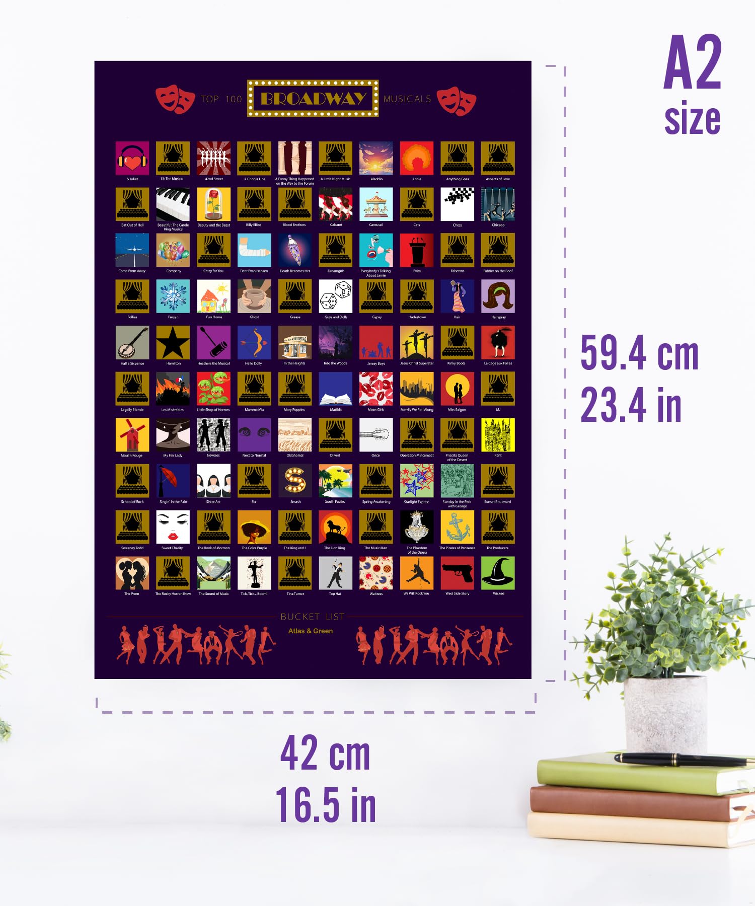 Atlas & Green Top 100 Musicals Poster. Top 100 Scratch Off Musical Poster. Gift Tube Movie Posters Stickers - Image 2