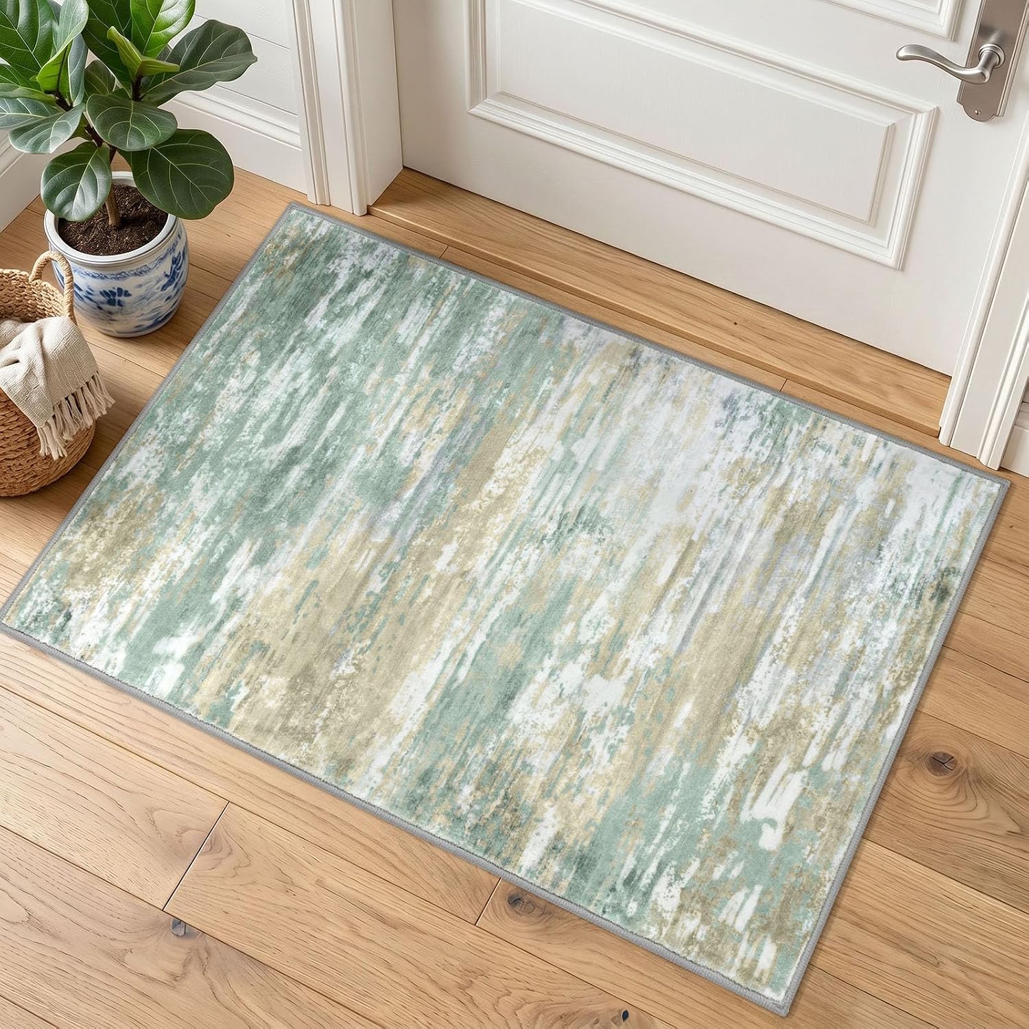 KOZYFLY Abstract Rugs for Entryway 2x3 Washable Small Area Rug Green Yellow