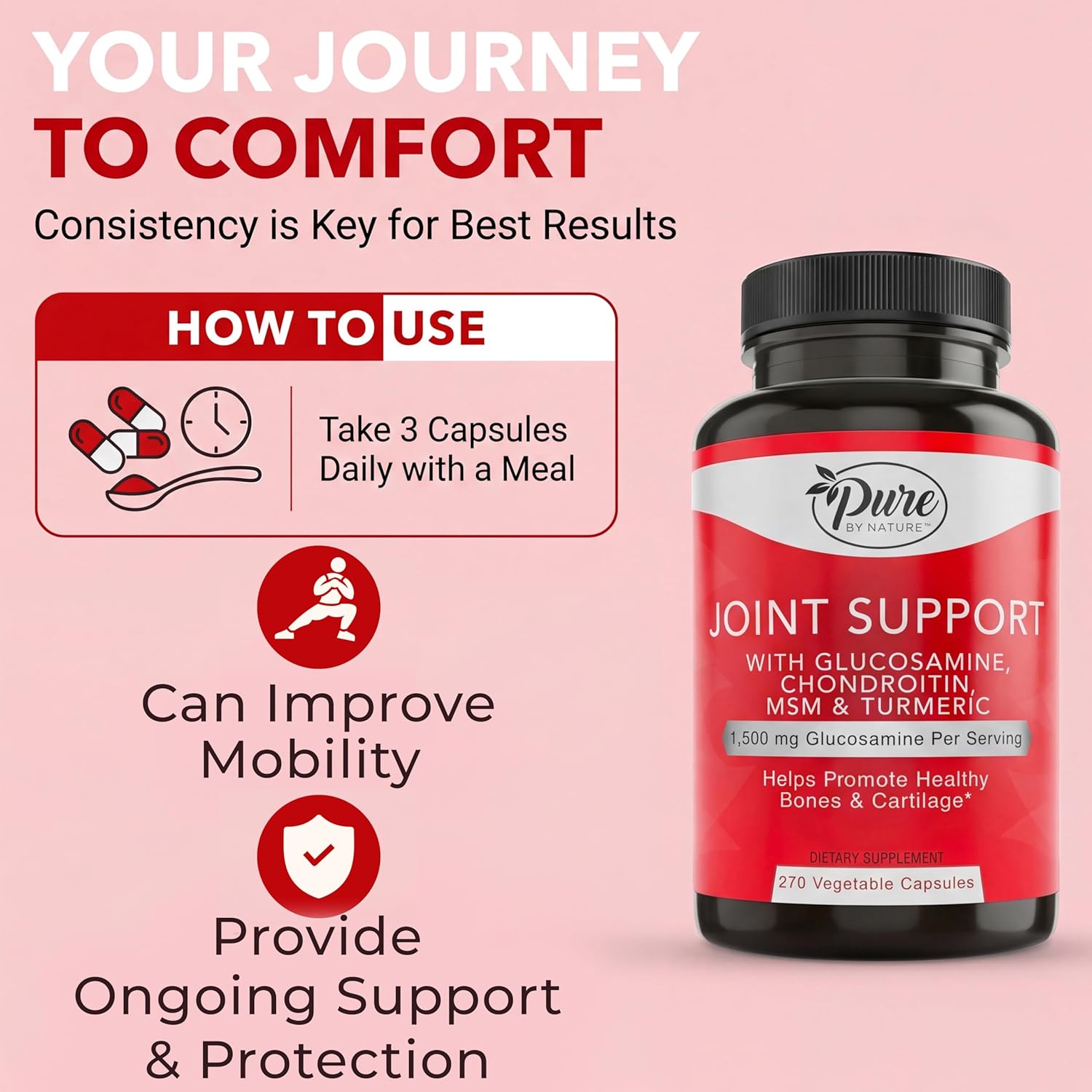 Pure By Nature Joint Support, Glucosamine with Chondroitin Turmeric MSM Boswellia Supplement, 270 Capsules