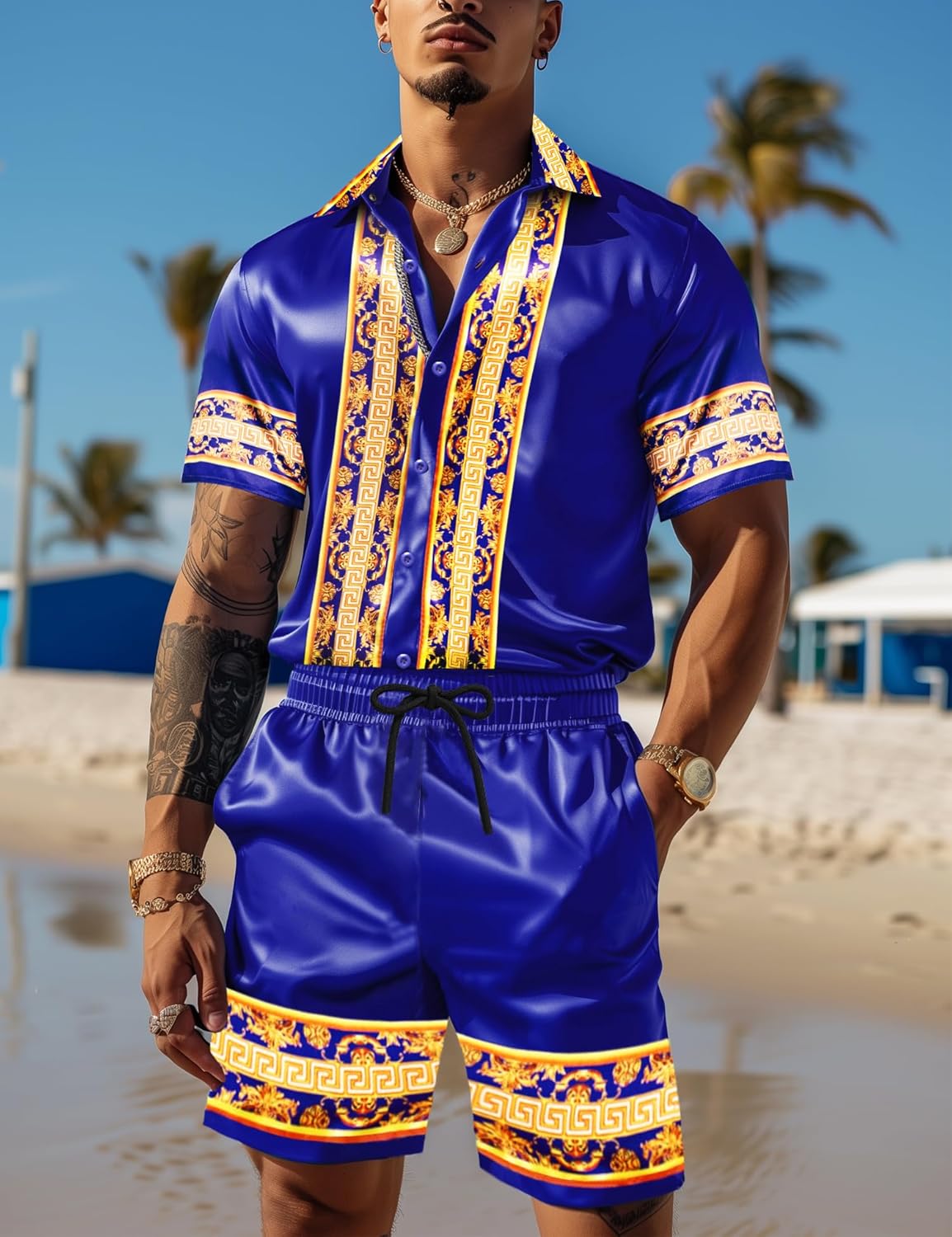 Men Hawaiian Shirt Sets Satin Silk Casual Button Down Shirts 2 Piece Luxury Summer Beach Outfits - Image 2