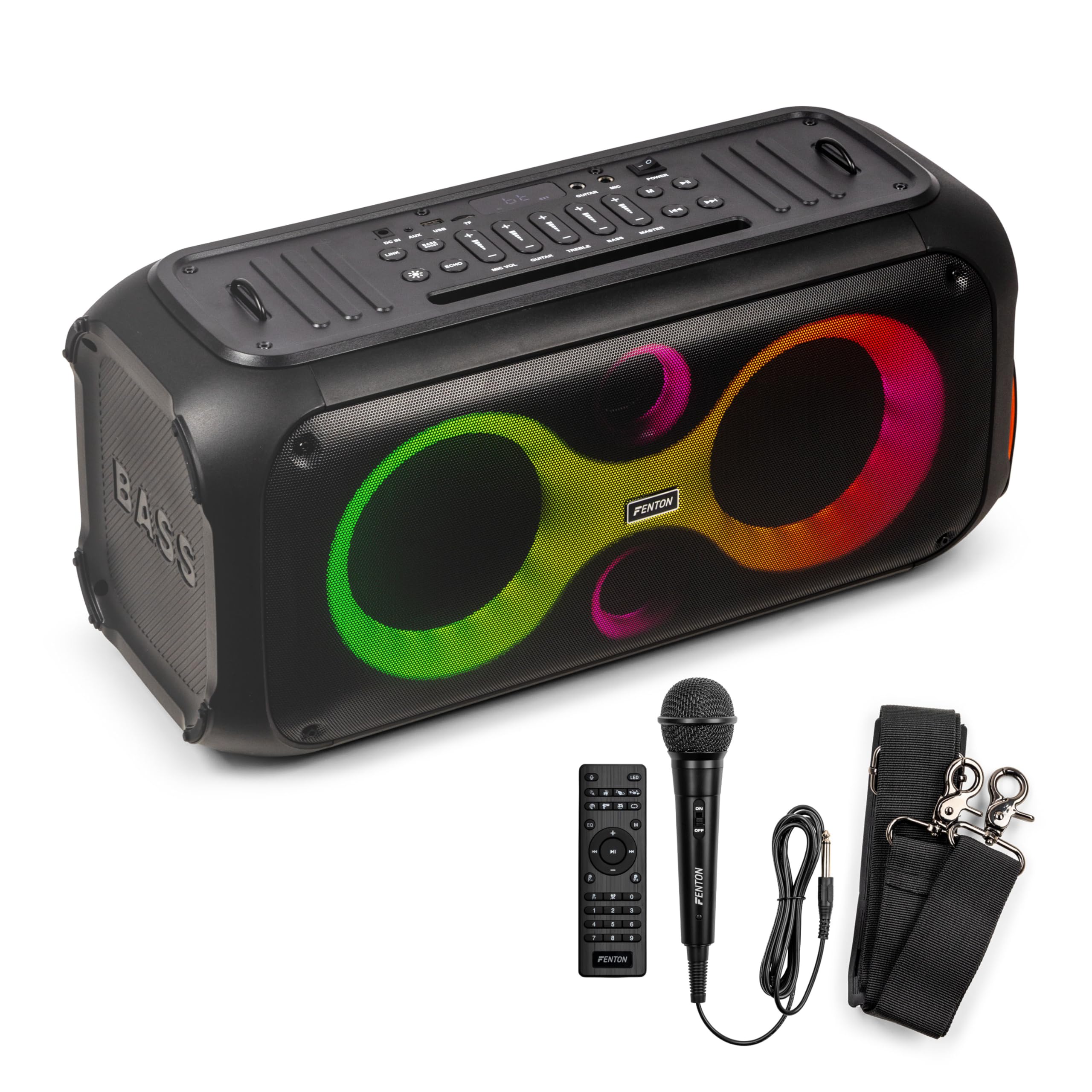 Fenton Core120 Enceinte Sono Portable Lumineuse avec Bandoulière - 180 Watts, Autonomie 12H, Facile à Transporter, Micro & Télécommande Inclus, Idéale pour Toutes Vos Soirées Extérieures