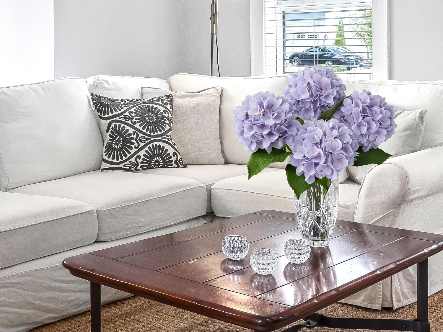 Pale Purple Hydrangea Artificial Flowers, 19.6" 4PCS Fake Real Touch Large Faux Hydrangea Silk Bouquet with Green Stems Leaves Plant Outdoor Indoor Family Table Office Decoration - Image 5