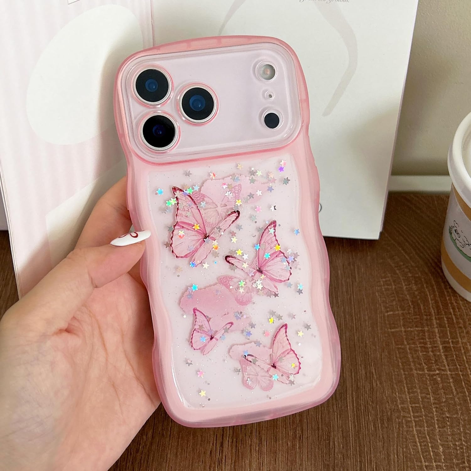 UEEBAI Wave Butterfly Case for iPhone 17 Pro Case, Pretty Bling Star Butterfly for Women Cute Shiny Glitter Phone Cover for Girls Bling Clear Cover Curly Shockproof Girly Shell - Pink - Image 6