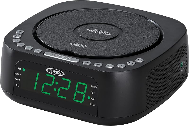Jensen Modern Home Audio CD Player Tabletop Stereo Dual Alarm Clock Digital FM Radio | Top-Loading CD/MP3/WMA Discs Player | USB Charging Port 2.1A | Headphone Jack | 0.9 Display Green LED