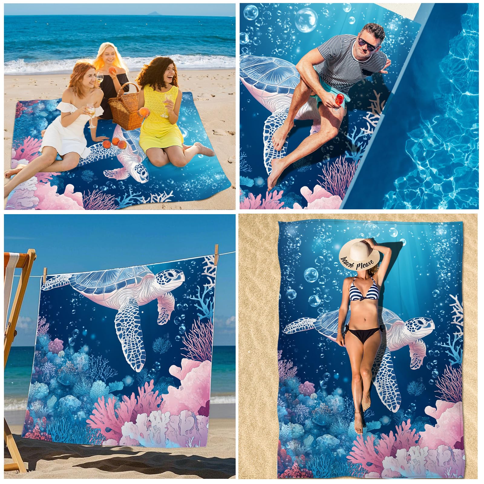 Asciugamano in Microfibra per Spiaggia, Asciugamano Grande, Asciugamano 145 x 200 cm per Donne, Nuoto, Spiaggia, Viaggio, Sport, Fitness (Blu - B)