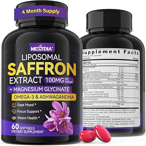 Miniatura 10 de Suplementos de azafrán - 100 mg de extracto liposomal de azafrán 100% puro con glicinato de magnesio, omega-3, cúrcuma, Ashwagandha, vitamina B6,