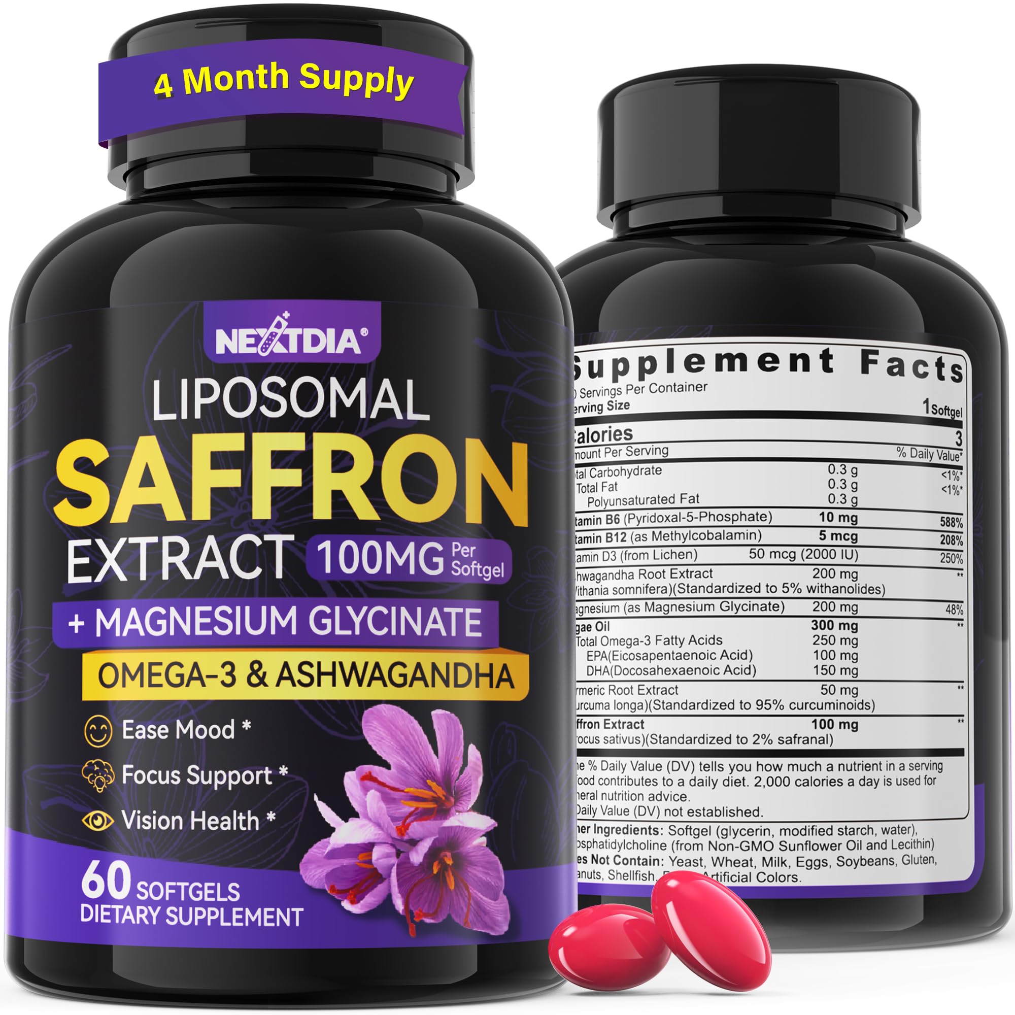 Saffron+Magnesium Glycinate+Omega-3- Mood+ Calm Focus Supplements,100% Pure 60 Count (Pack of 2)
