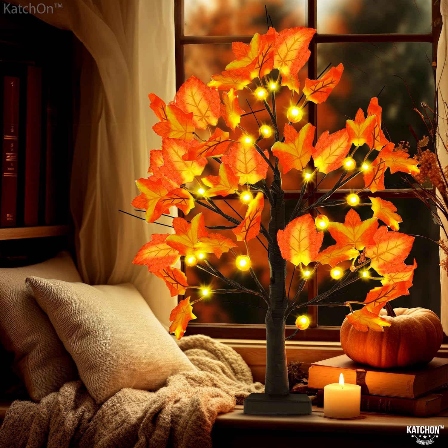 KatchOn, Artificial Maple Tree with Lights - 24 Inch, 24 LED Lighted Fall Tree for Home Indoor, Fall Decorations for Home Office, Fall Thanksgiving Decorations | Autumn Harvest Table Decor