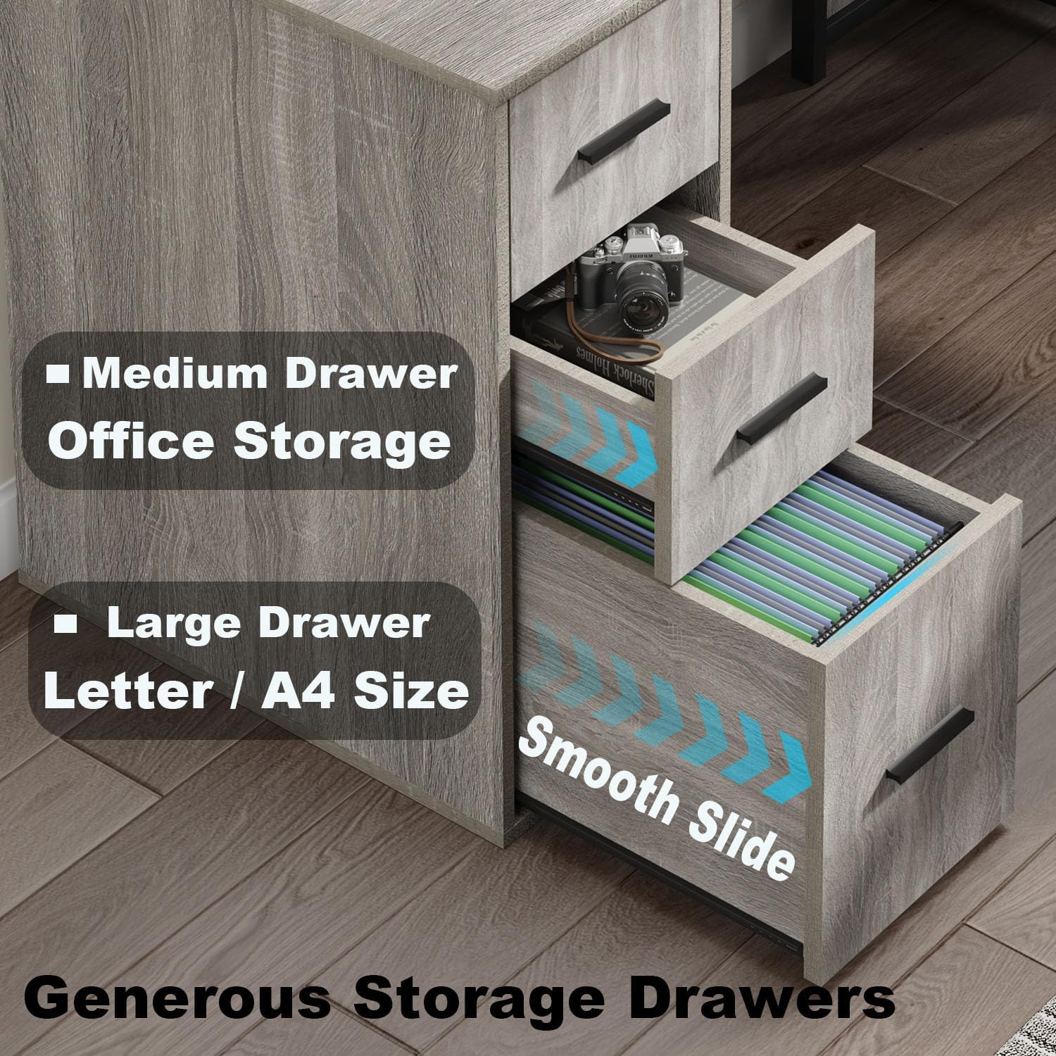 LVB Reversible Gray L Shaped Corner Desk, Farmhouse Wood Computer Desk with File Drawers Cabinets, Large Work Study Executive Home Office Desk with Storage Shelves for Bedroom, Light Grey Oak, 59 Inch