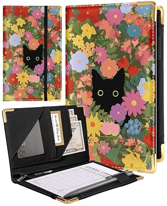 Slohif Server Book for Waitress Cute Serving Books with Zipper Pocket Accessories Leather Server Check Book Restaurant Waiter Server Booklet Organizer Ticket Book Holder Cat Black