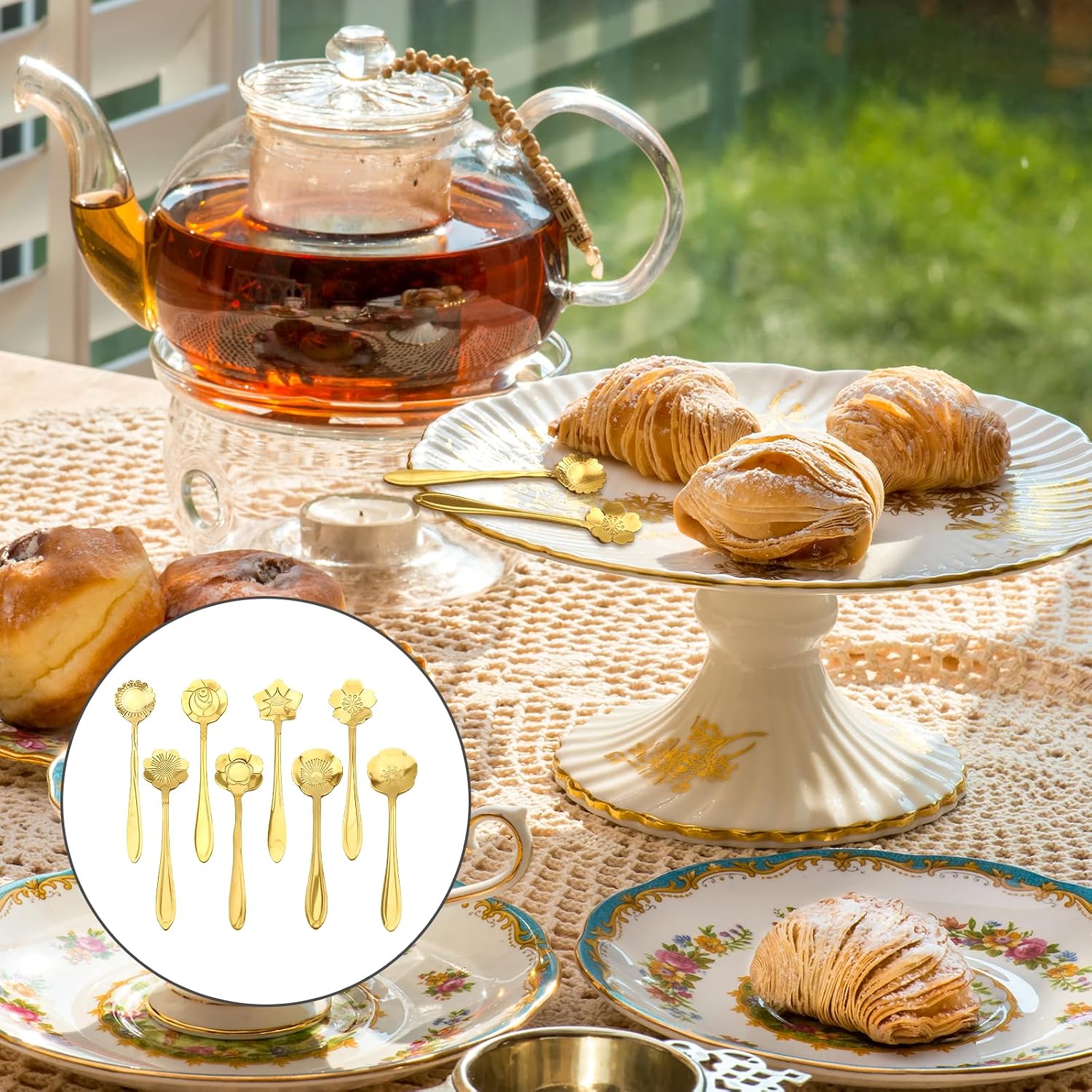 Decorative Mini Spoons Set, 40-Piece Stainless Steel Tea Coffee Spoons, 8 Flower Styles, Gold