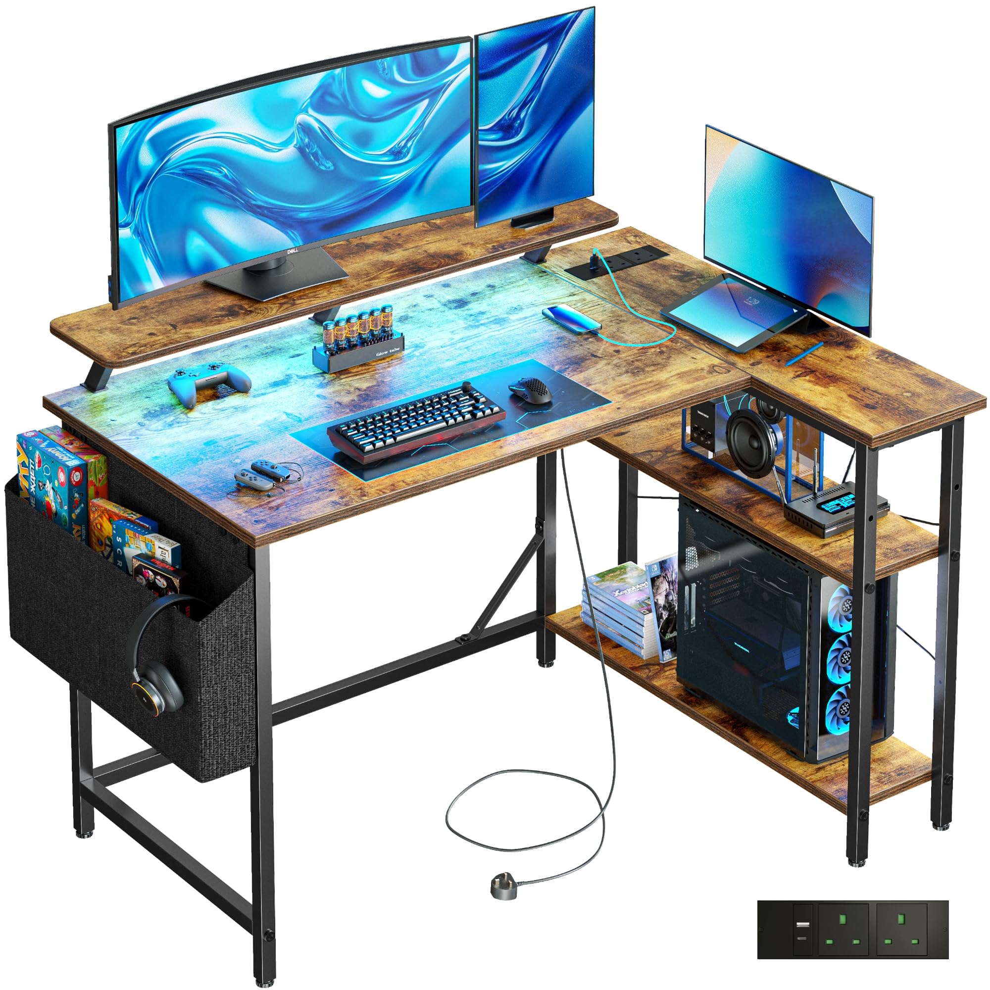 DOMSHOCT L Shaped Gaming Desk with LED Lights & Power Outlets, 100 * 80cm Small Corner Computer Table with Storage Bag & Adjustable Shelves & Large Monitor Stand, Home Office Study Workstation, Brown — image 1