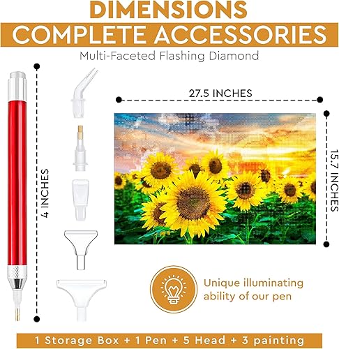 Miniatura 2 de Pintura de diamante de girasol con punta de bolígrafo iluminada  Kits de pintura de diamantes grandes 5D con accesorios para adultos  Pintura de