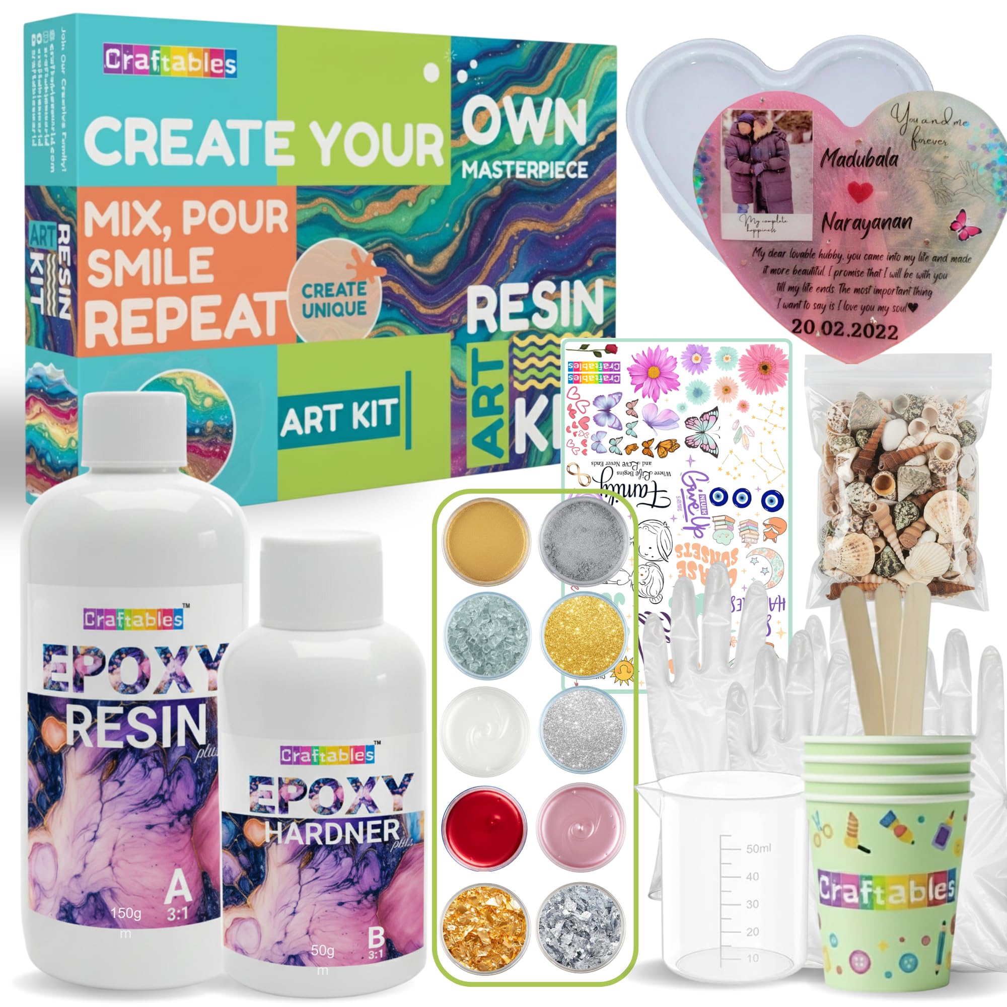 Craftables DIY Resin Heart Frame Making Kit | 200g Clear Epoxy Resin with Heart Mold, Pigments, Glitters, Stickers, Seashells & Tools | Personalized Photo Frame & Gift Craft Set for Beginners-image-22