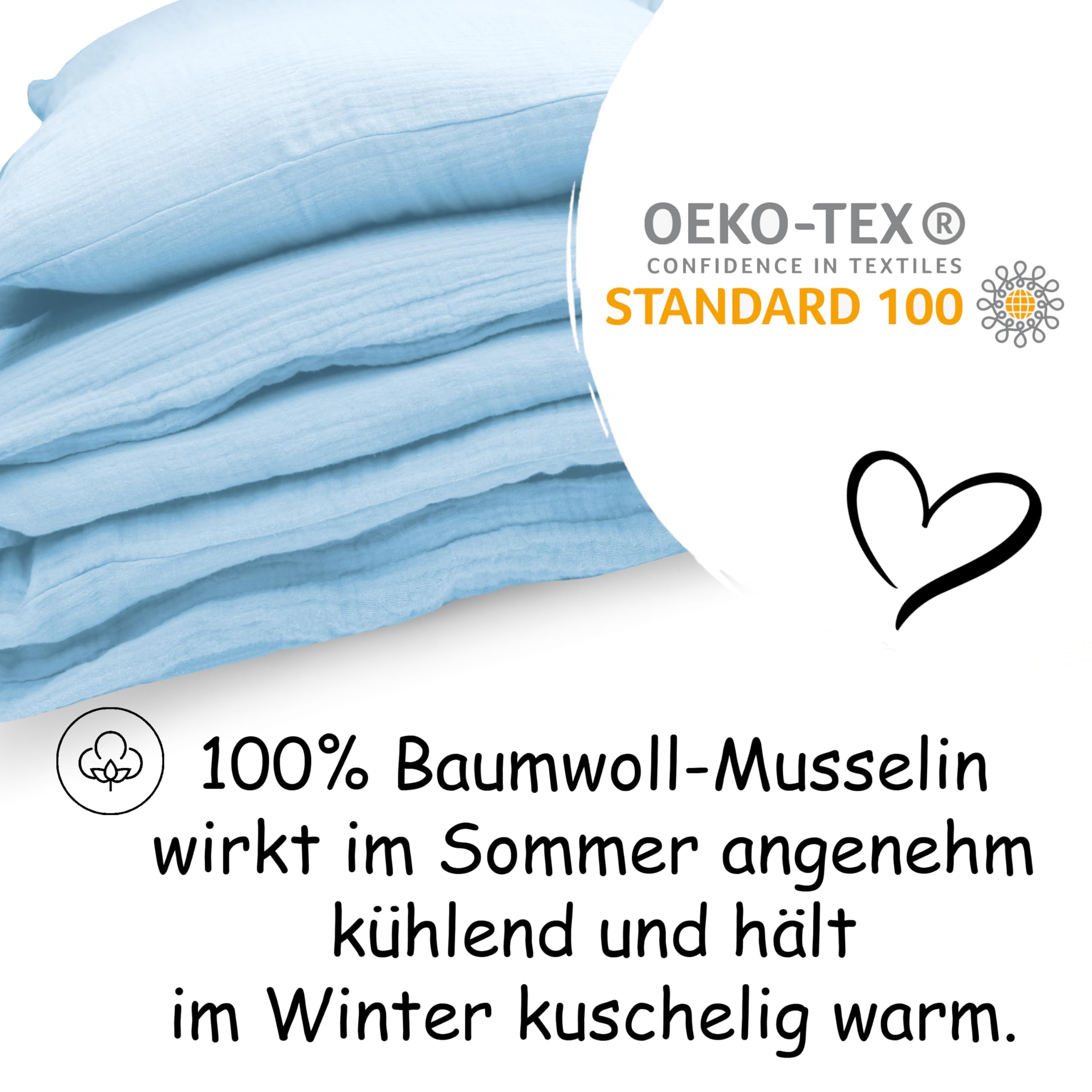 PinkZebra Ropa de Cama Musslin para bebé y niños: edredón de 100 x 135 cm + Almohada de 40 x 60 cm, Ropa de Cama Infantil de algodón 100% orgánico para niñas y niños, certificación Gots, Color Azul