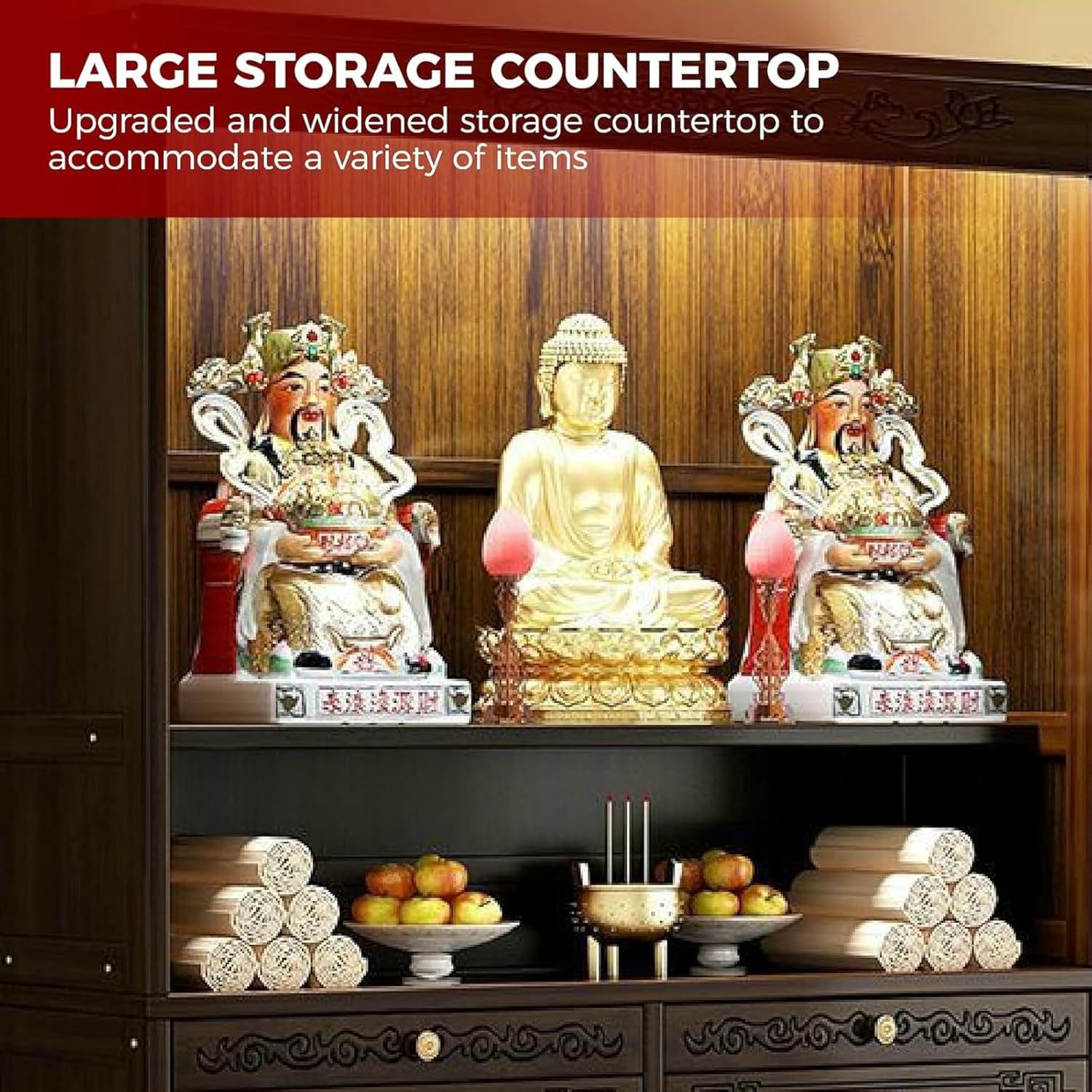 Altar Table with Storage Altar Cabinet,Guanyin God of Wealth Guangong Display Pedestal Offering Pooja Table,Chinese Buddha Niche Cabinet with Doors for Living Room