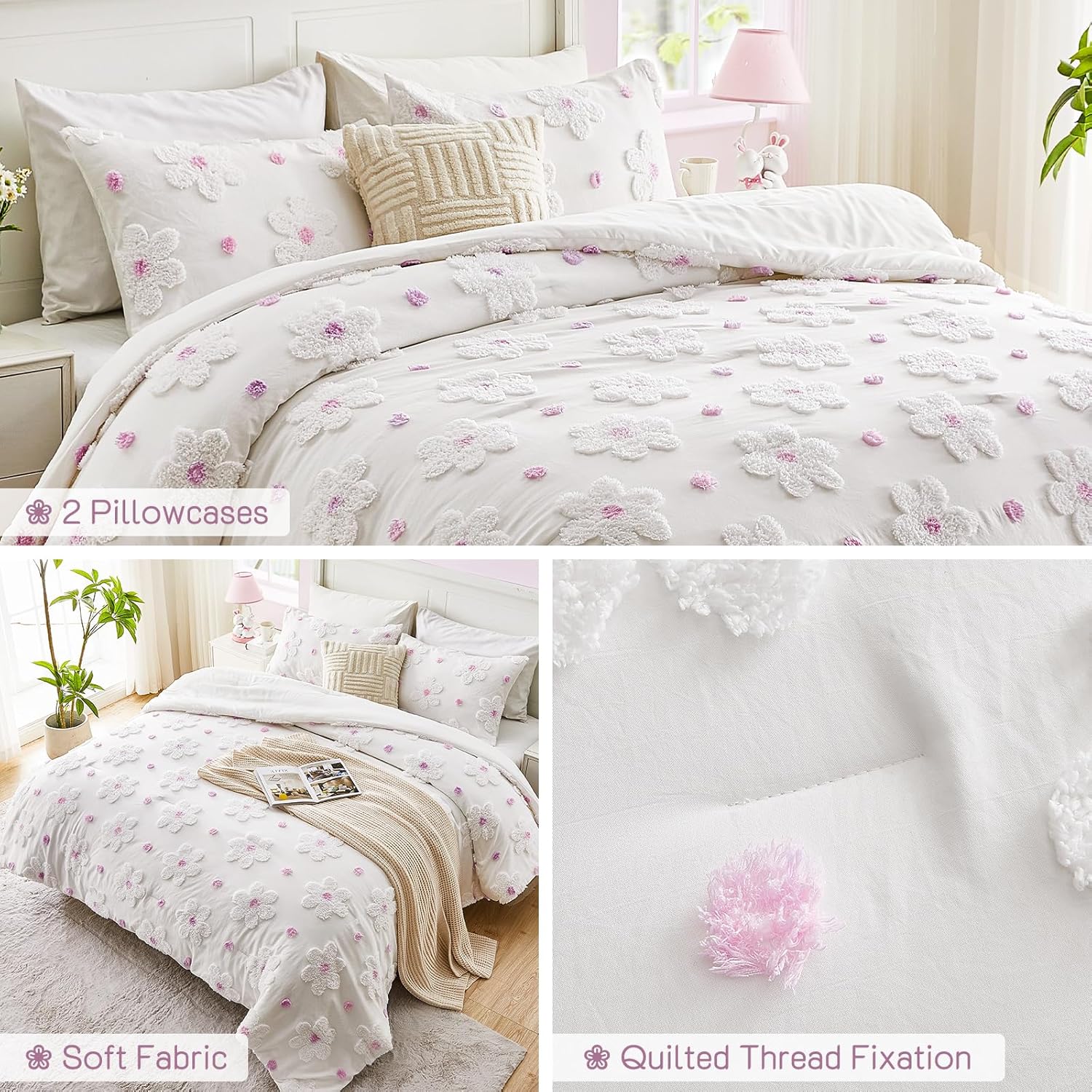 Full Size Comforter Set for Girls 3 Pieces Pink Purple Tufted Daisies Flowers Bedding Set Bed in A Bag Cute Floral Comforter Set for Kids, Lightweight Full Bed Set for Kids Teen Girls Women | Full Size Comforter, Comforter for Girls, Purple Bedding Set, Full Size Bed Set, Flowers Comforter, Teen Girls Bed Set