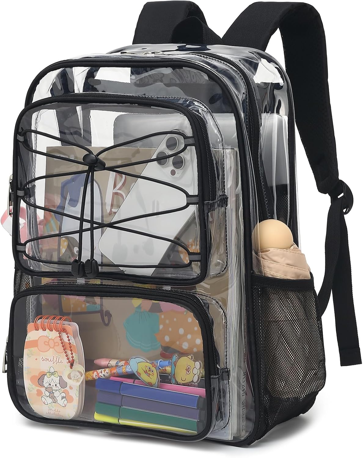 Clear School Backpack for Girls Women, Kids Teens Heavy Duty See Through College Bookbag Transparent School Bag (Black)