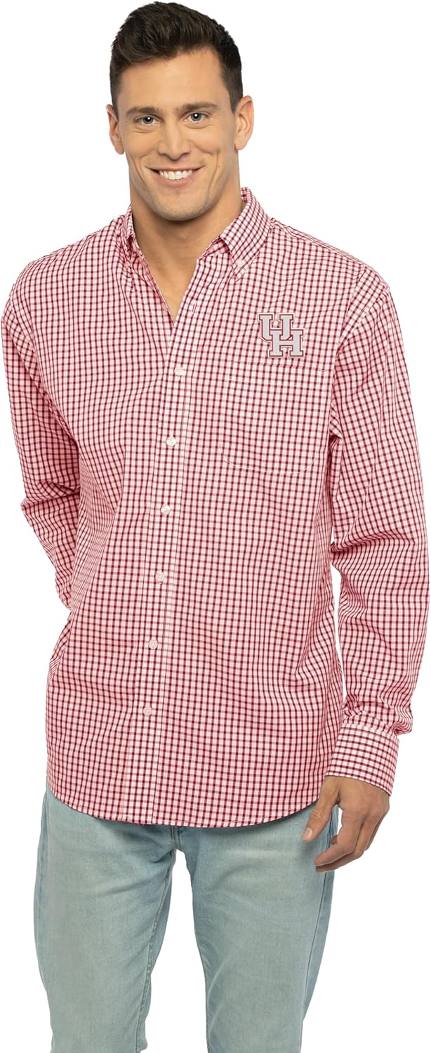 Vantage Apparel Men's Collegiate Easy-Care Long Sleeve Gingham Check Button Down Shirt, Houston Cougars, Red, Large