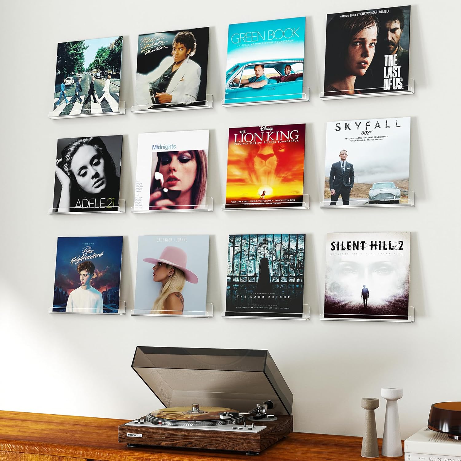 Gotega 12 Pack Vinyl Record Shelf Wall Mount, 12 inch Album Record Holder Display, Clear Acrylic Floating Shelves for Wall, Suitable for Bedroom, Living Room, Magazine Shelf, Kids Bookshelf, etc