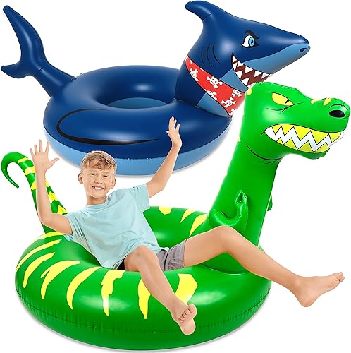 2 flotadores de piscina para niños y adultos, inflables de dinosaurio, tiburón, flotadores de natación, anillos para fiestas de agua