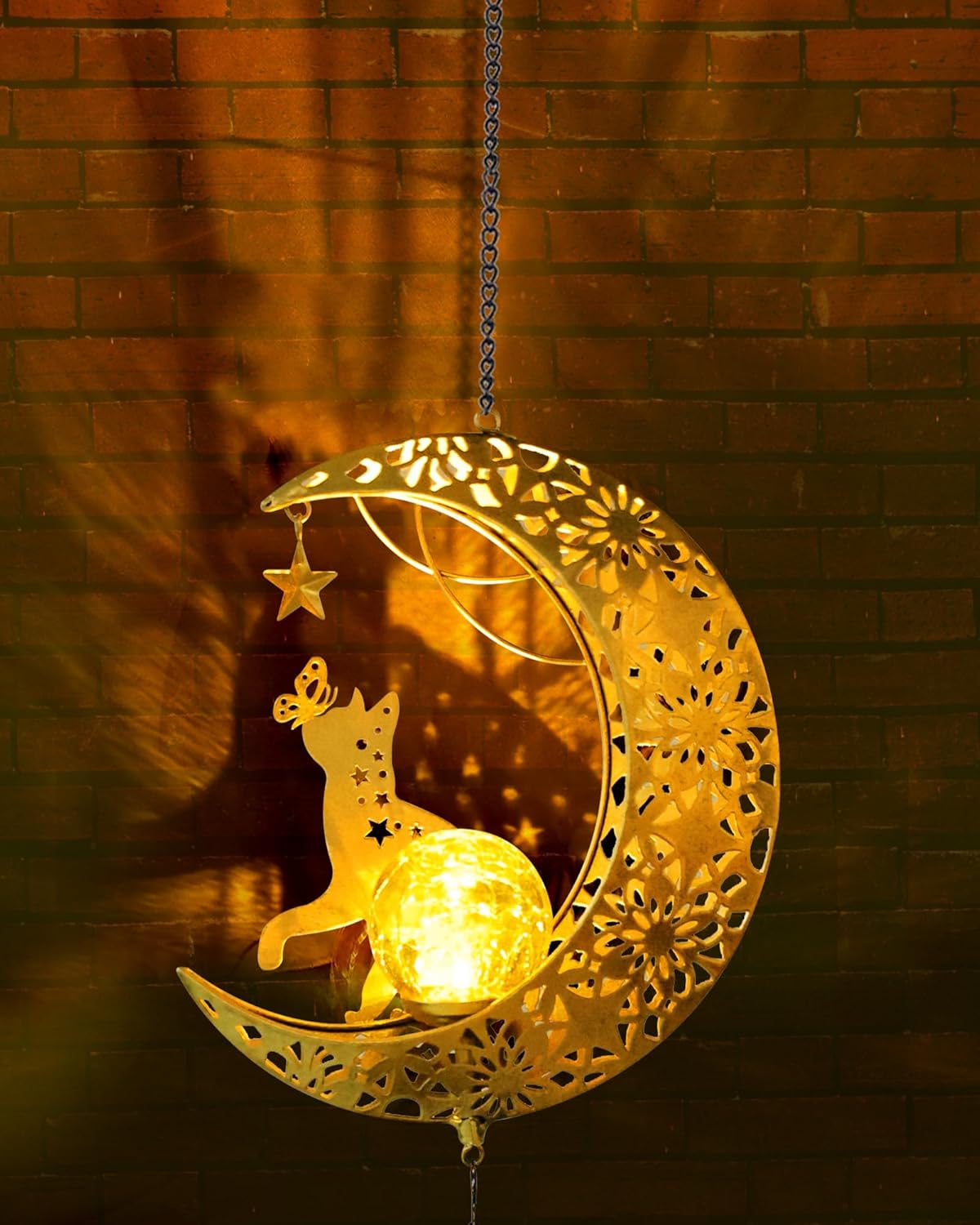 Vuees Solar Garden Outdoor Decor, Moon Cat Hanging Wind Chimes, Housewarming Ornament for Patio, Lawn, Yard, Pathway - Unique Gift Ideas for Gardening Mom Grandma Women