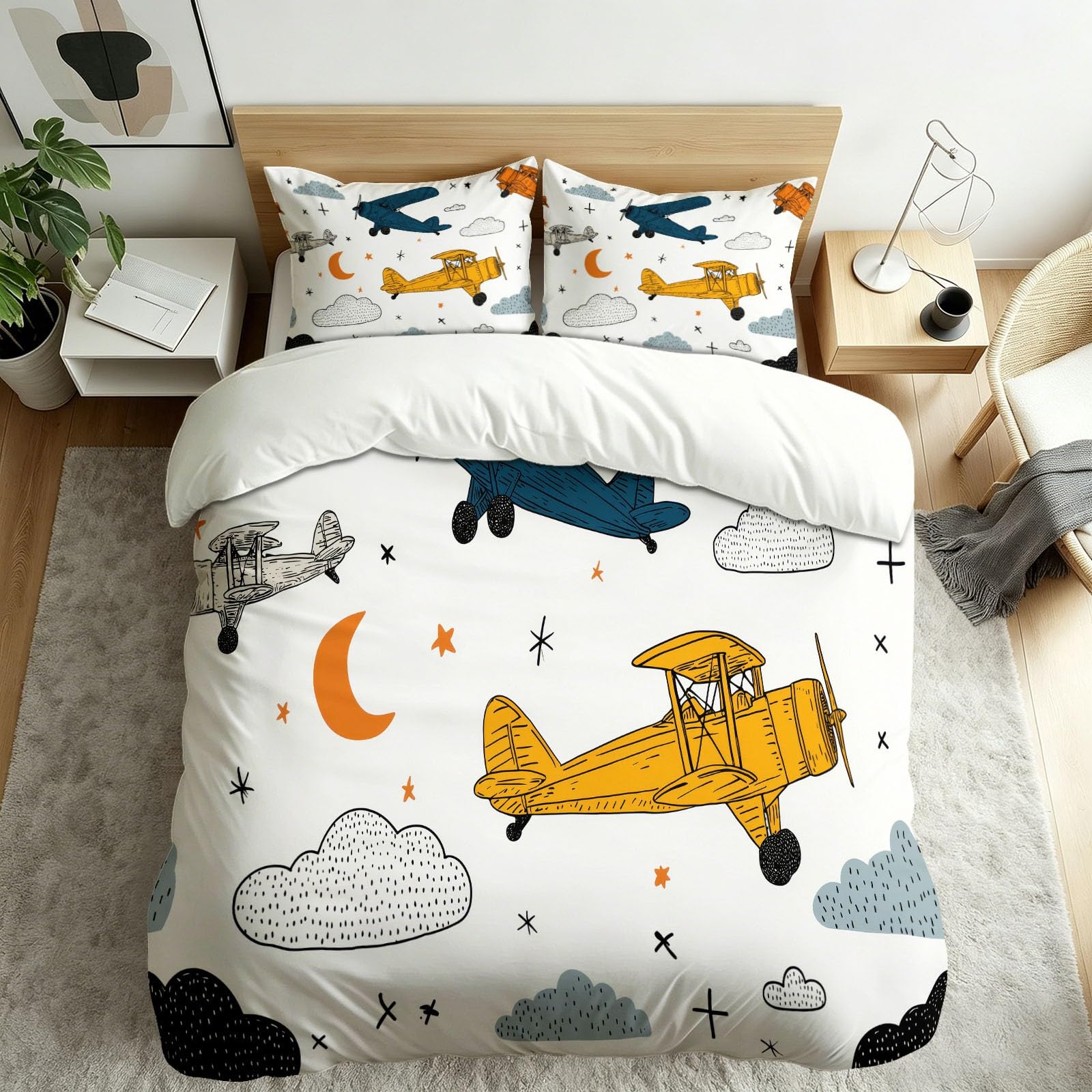 Scandinavian Minimalistyczna pościel z mikrofibry, poszewka na kołdrę z zamkiem błyskawicznym i 2 poszewki na poduszkę 80 x 80 cm, biała Aeroplane Clouds Moon