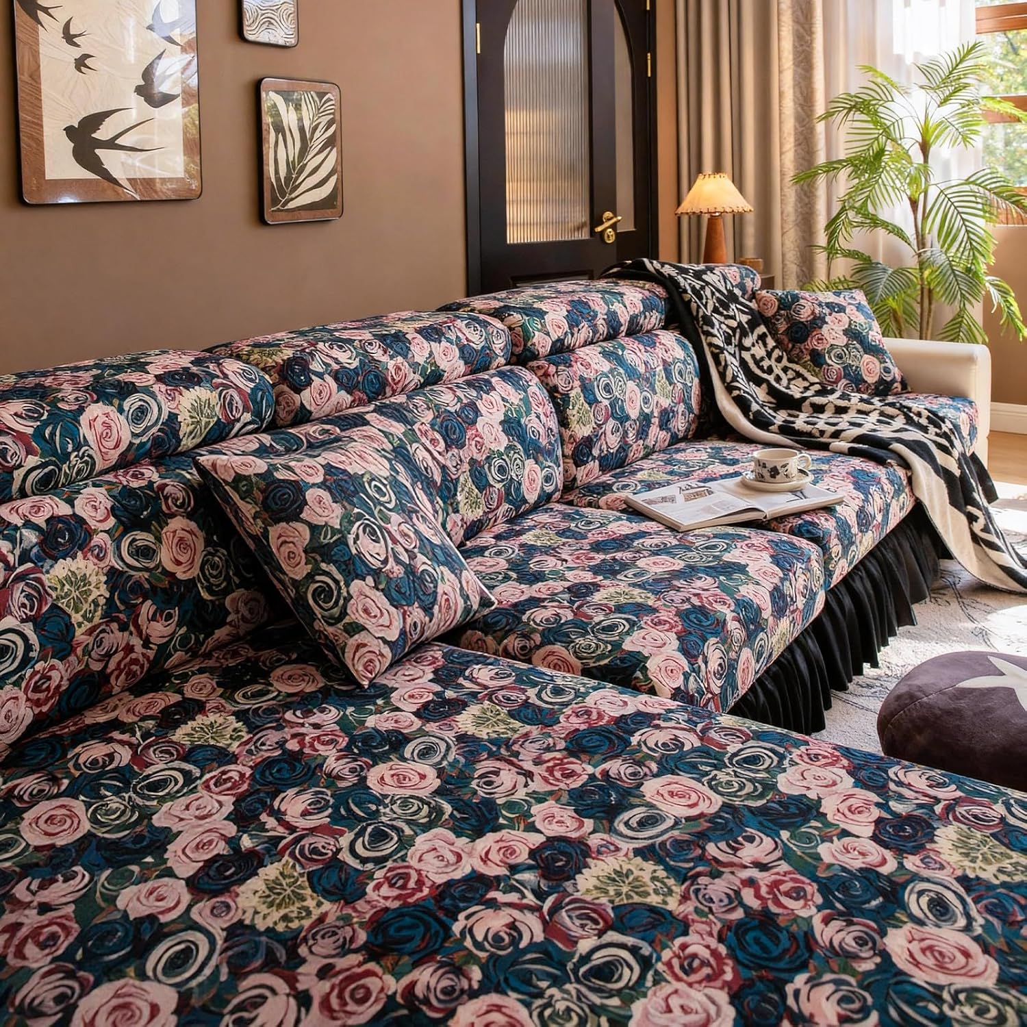 VOGOL Individual Cushion Cover for Sofa, Rose Printed Stretch Slipcover with Pleated Skirt, Buy by Piece to Avoid Size Error, 25" x 25", 1 Piece