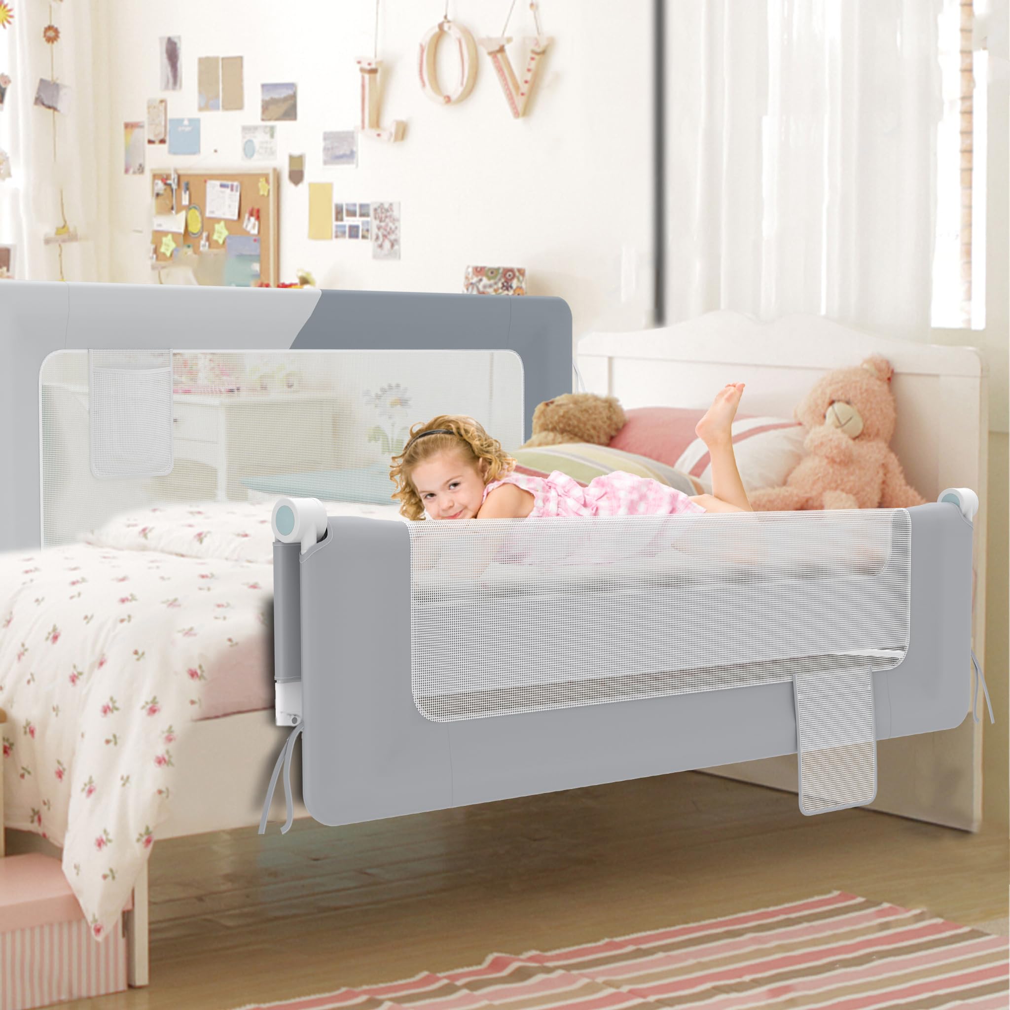 AufuN Barrera de cama portátil de 200 cm, plegable, para niños y bebés, plegable, portátil, protección contra caídas, para bebés y niños en la cama de padres, color gris