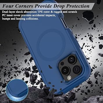 iPhone 16 Pro Maxケース対応 ベルトクリップホルスター付き 高耐久 磁気ワイヤレス充電 フルボディ保護 キックスタンドカバー iPhone 16 Pro Max 6.9インチ 携帯電話用 ネイビーブルー