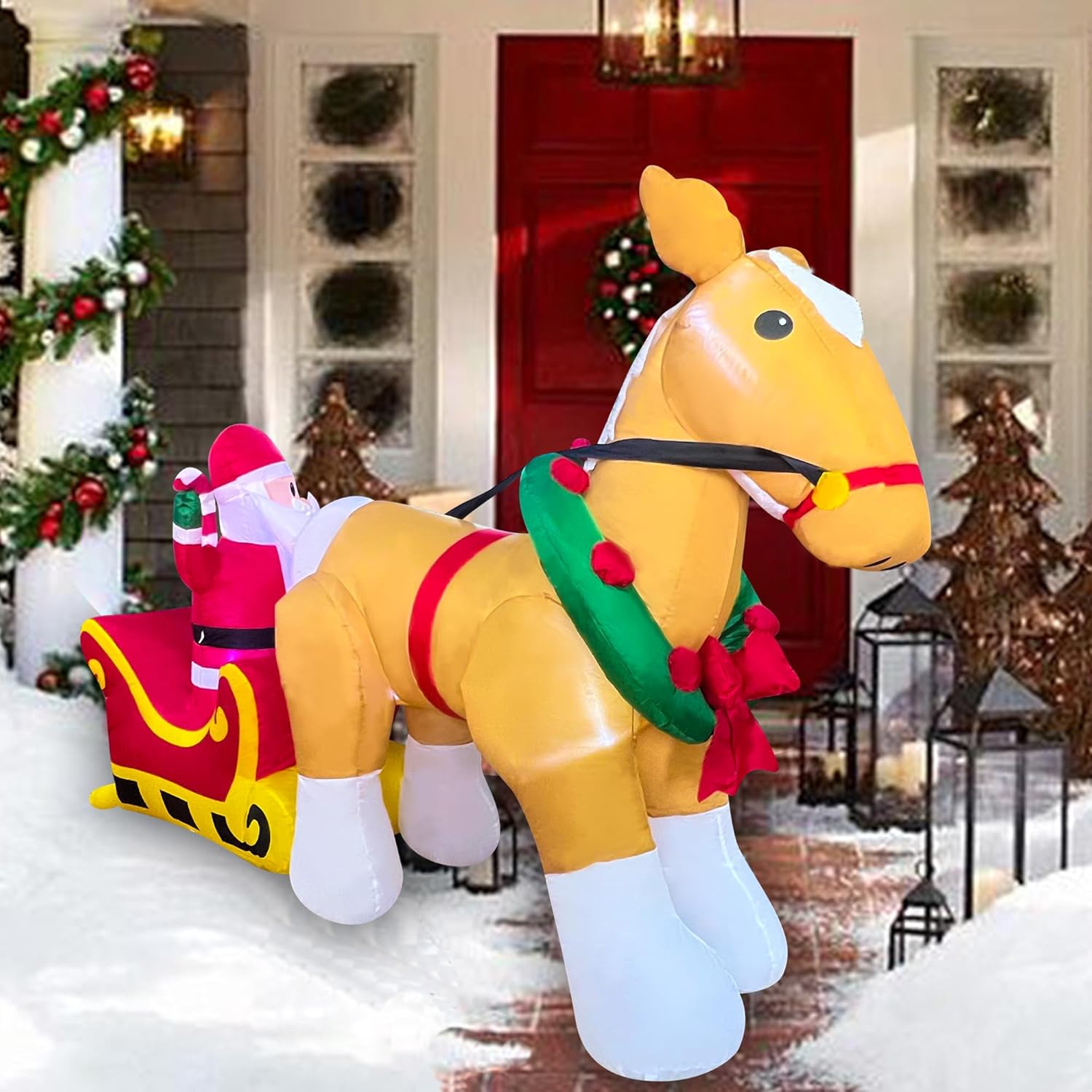 7FT Christmas Inflatables Santa Claus on Sleigh with a Horse Decorations, LED Lighted Xmas Christmas Blow up Yard Decorations for Party Indoor Outdoor Garden Yard Decor