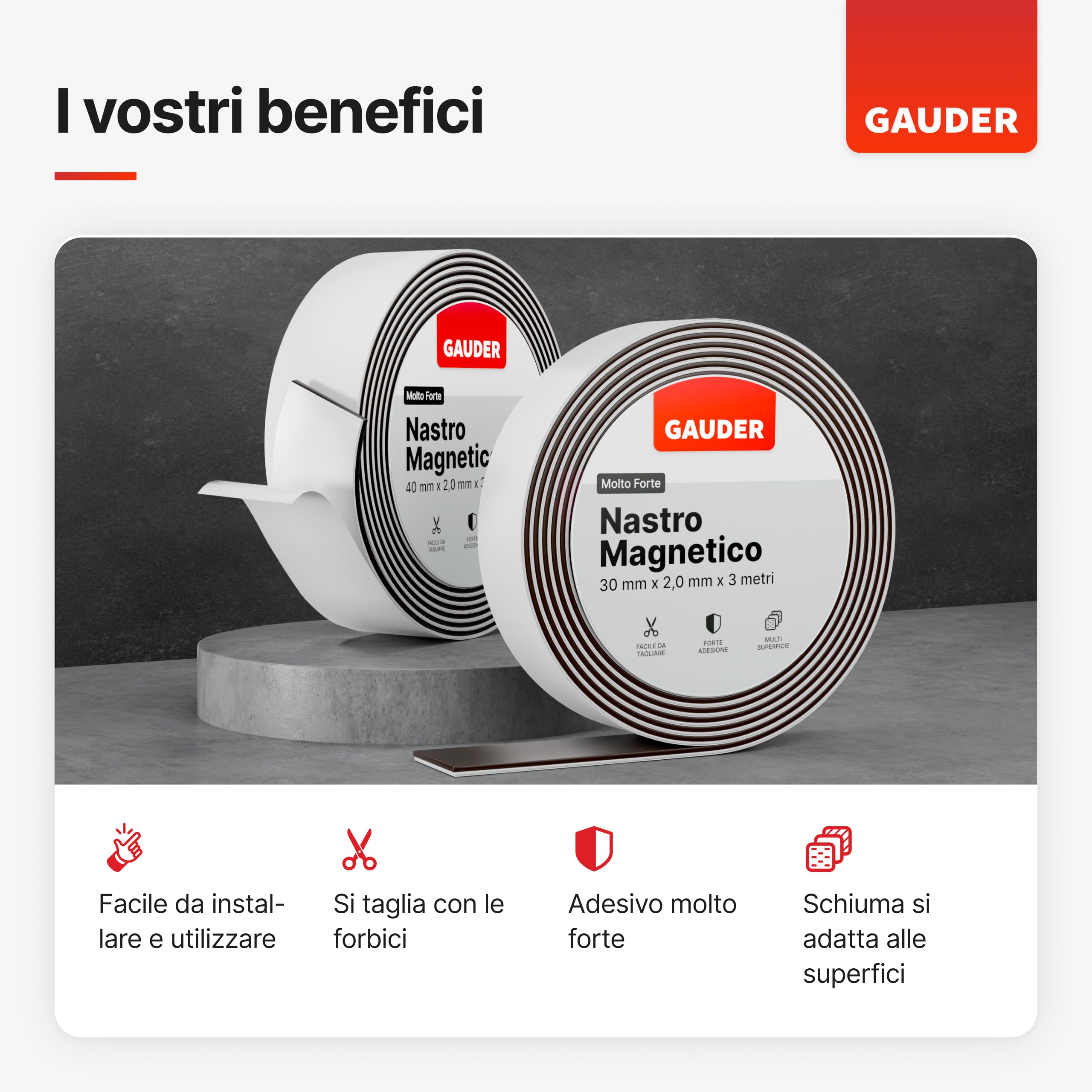 Nastro Magnetico Autoadesivo GAUDER - 1m X 40mm, Adesivo Forte 3M