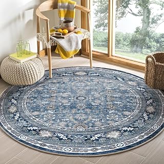 OPPODREAM Vintage Blue Area Rugs 5' Round, Washable Rug for Living Room